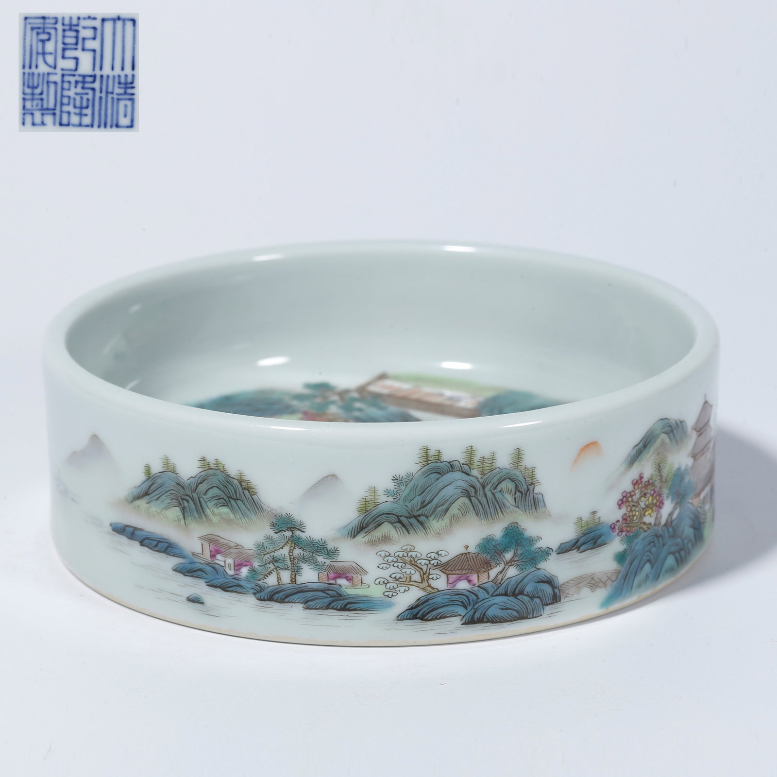 A FAMILLE ROSE WASHER WITH LANDSCAPE AND FIGURE DESIGN: Famille Rose Washer with Landscape and Figure Design