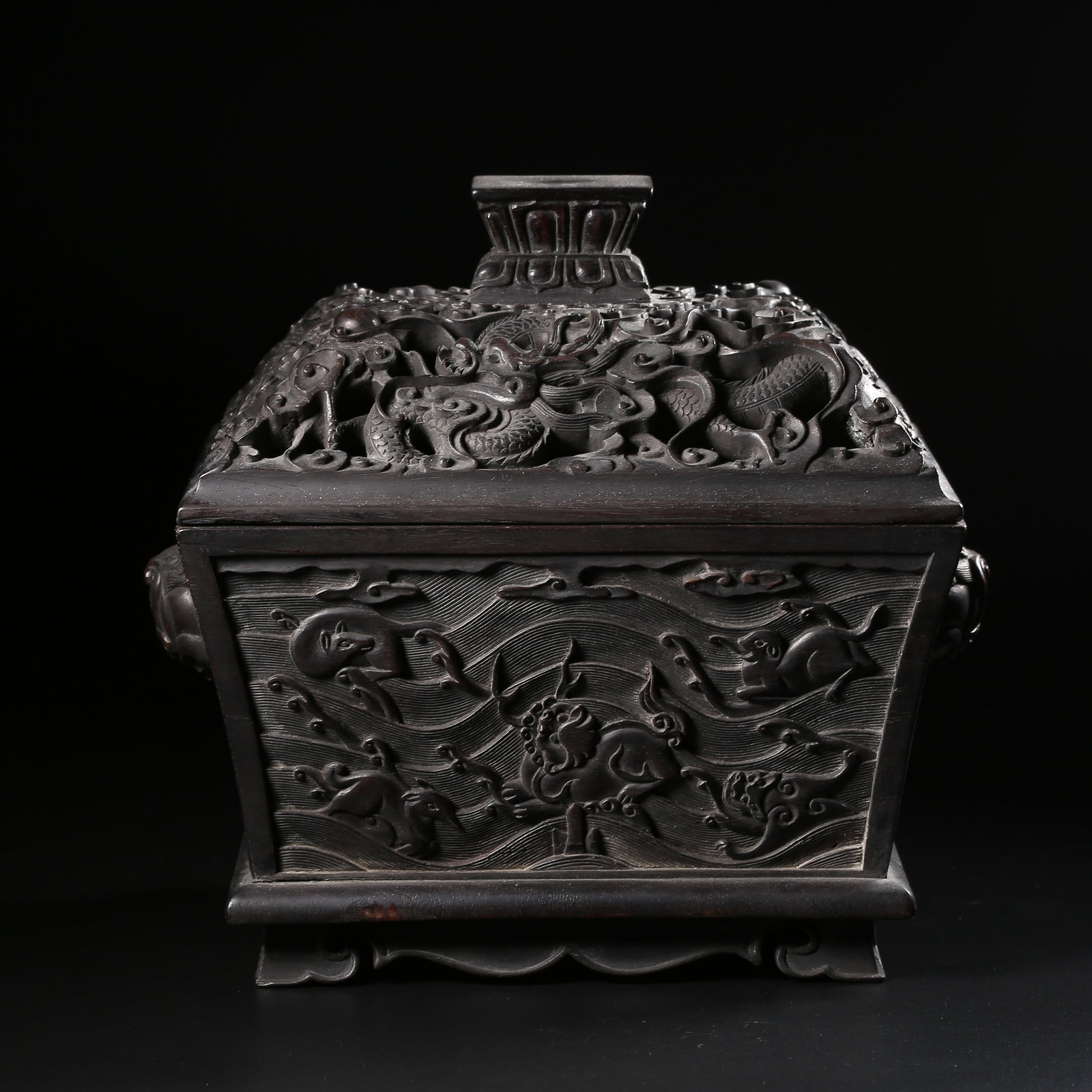 A ZITAN COVERED CENSER WITH SEA-BEAST PATTERN AND ROOSTER-SHAPED HANDLES: Zitan covered censer with sea-beast pattern and rooster-shaped handles