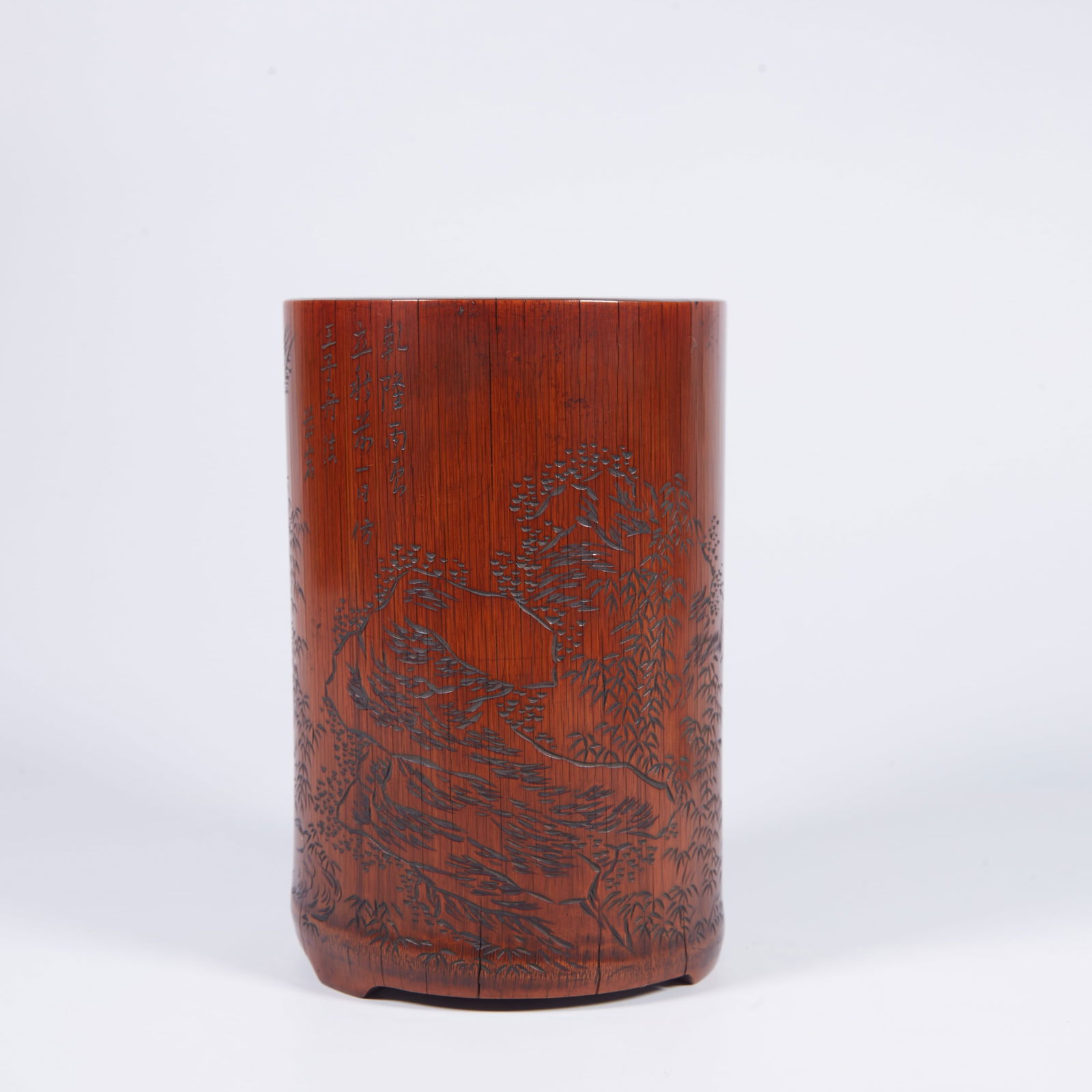 A BAMBOO BRUSH HOLDER WITH LANDSCAPE CARVING (1 of 8)