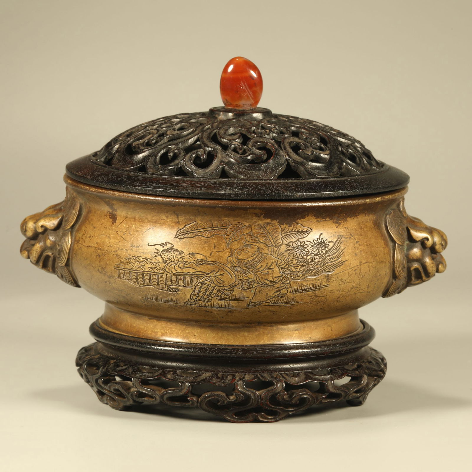 A BRONZE INCENSE BURNER WITH LION-HEAD HANDLES, DECORATED WITH CHILDREN-AT-PLAY AND POETIC (1 of 6)
