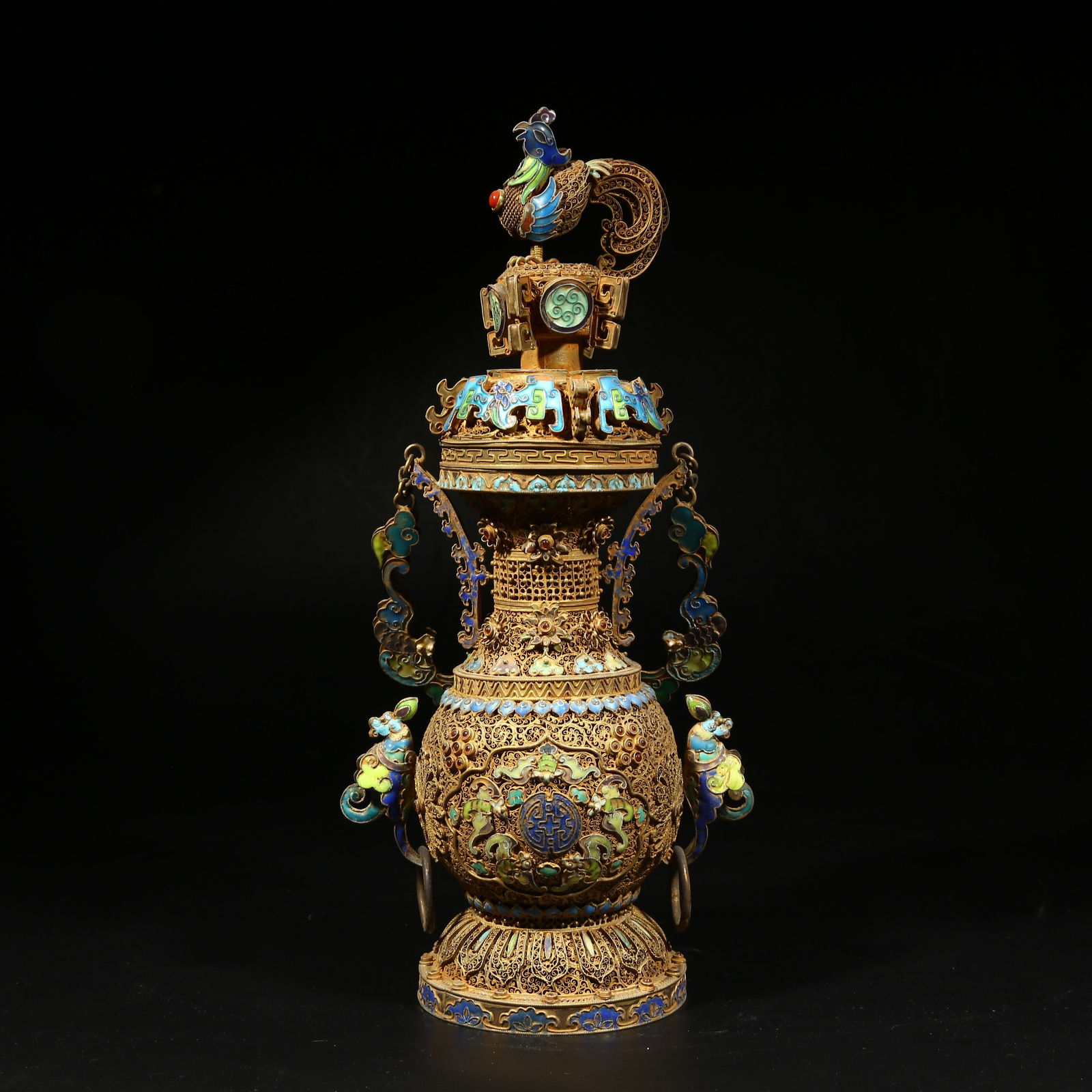 A GILDED SILVER FILIGREE CLOISONNÉ LIDDED BOTTLE WITH PHOENIX KNOB (1 of 9)