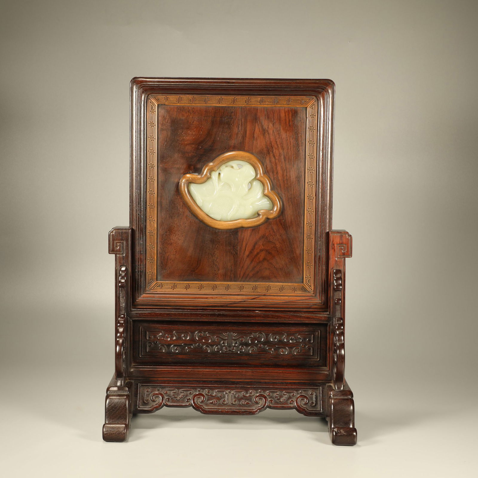 A HUANGHUALI WOOD SCREEN INLAID WITH JADE CARVINGS, "ABUNDANCE AND PROSPERITY" (1 of 8)