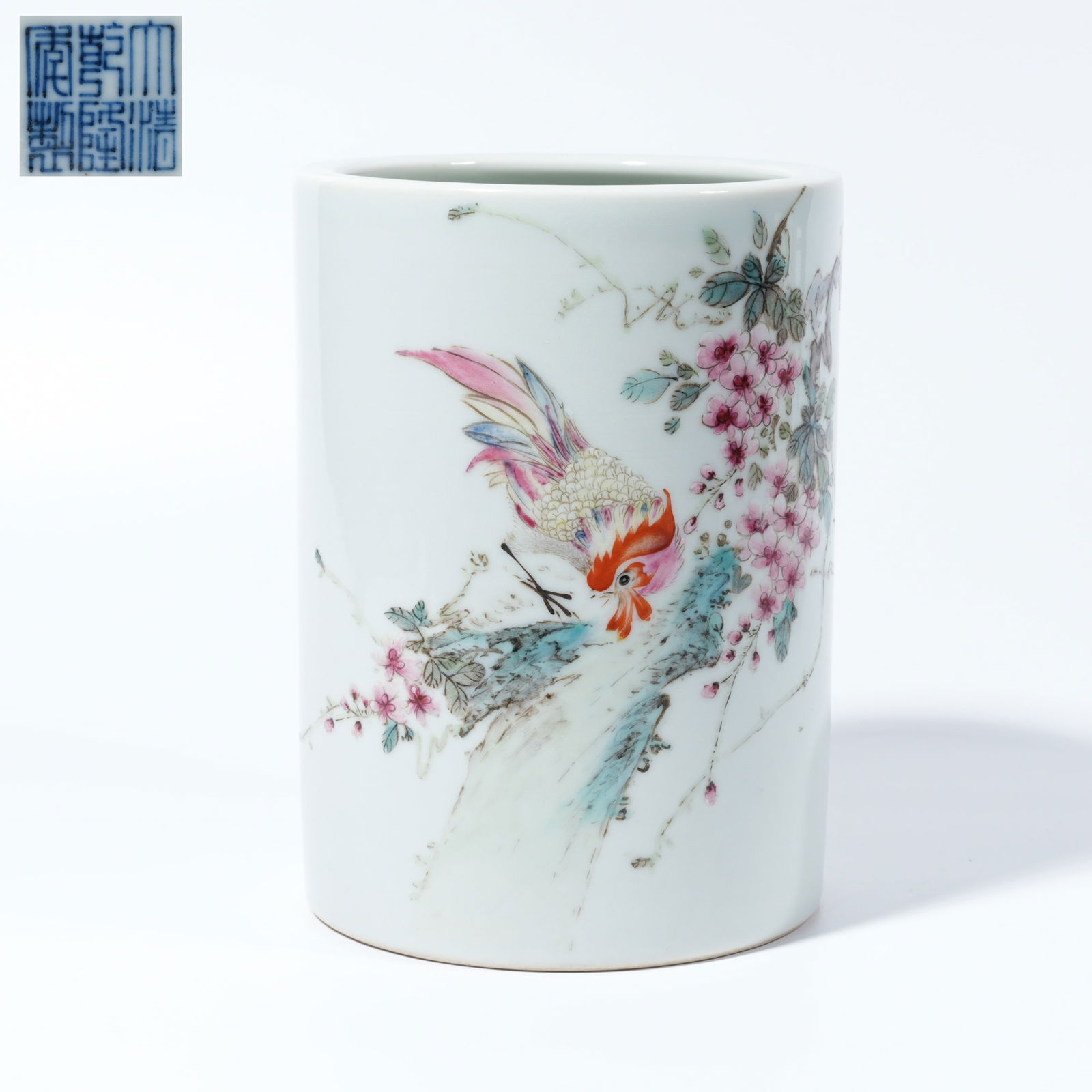 A FAMILLE-ROSE BRUSH HOLDER WITH ROOSTER MOTIF (1 of 9)