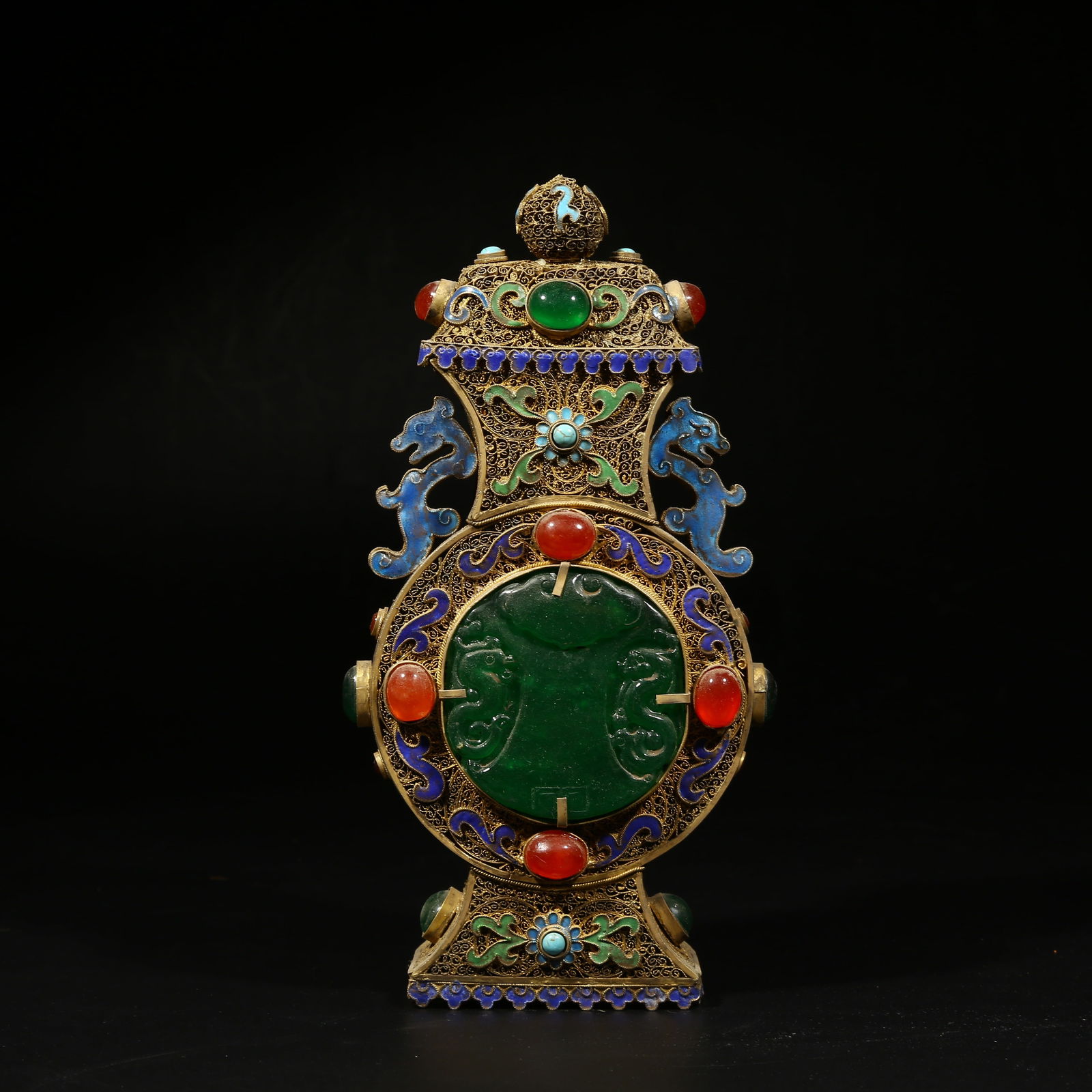 A GILDED SILVER FILIGREE CLOISONNÉ VASE WITH CHI DRAGON HANDLES: Gilded silver filigree cloisonné vase with chi dragon handles