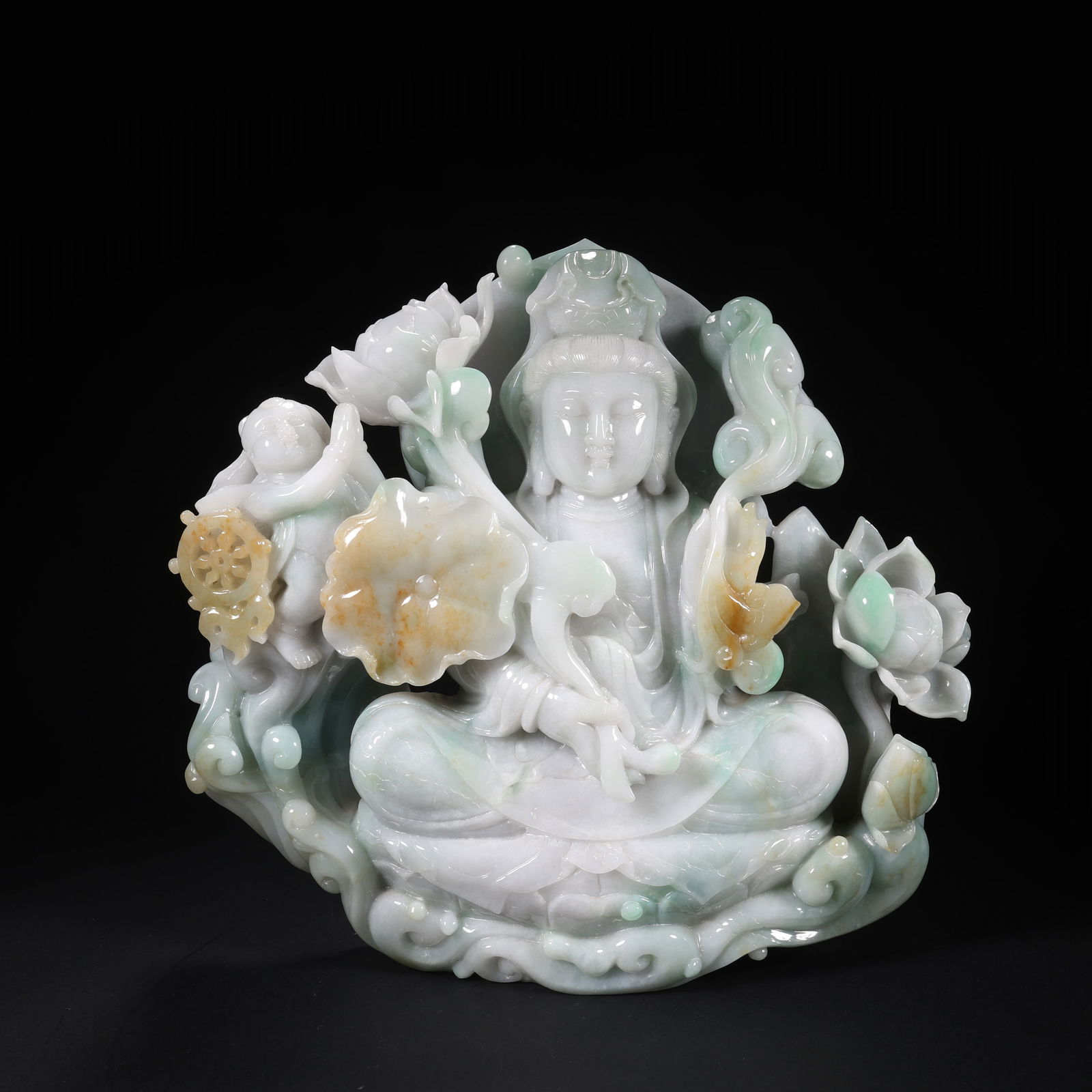 A JADEITE BOY PAYING HOMAGE TO GUANYIN FIGURE (1 of 9)