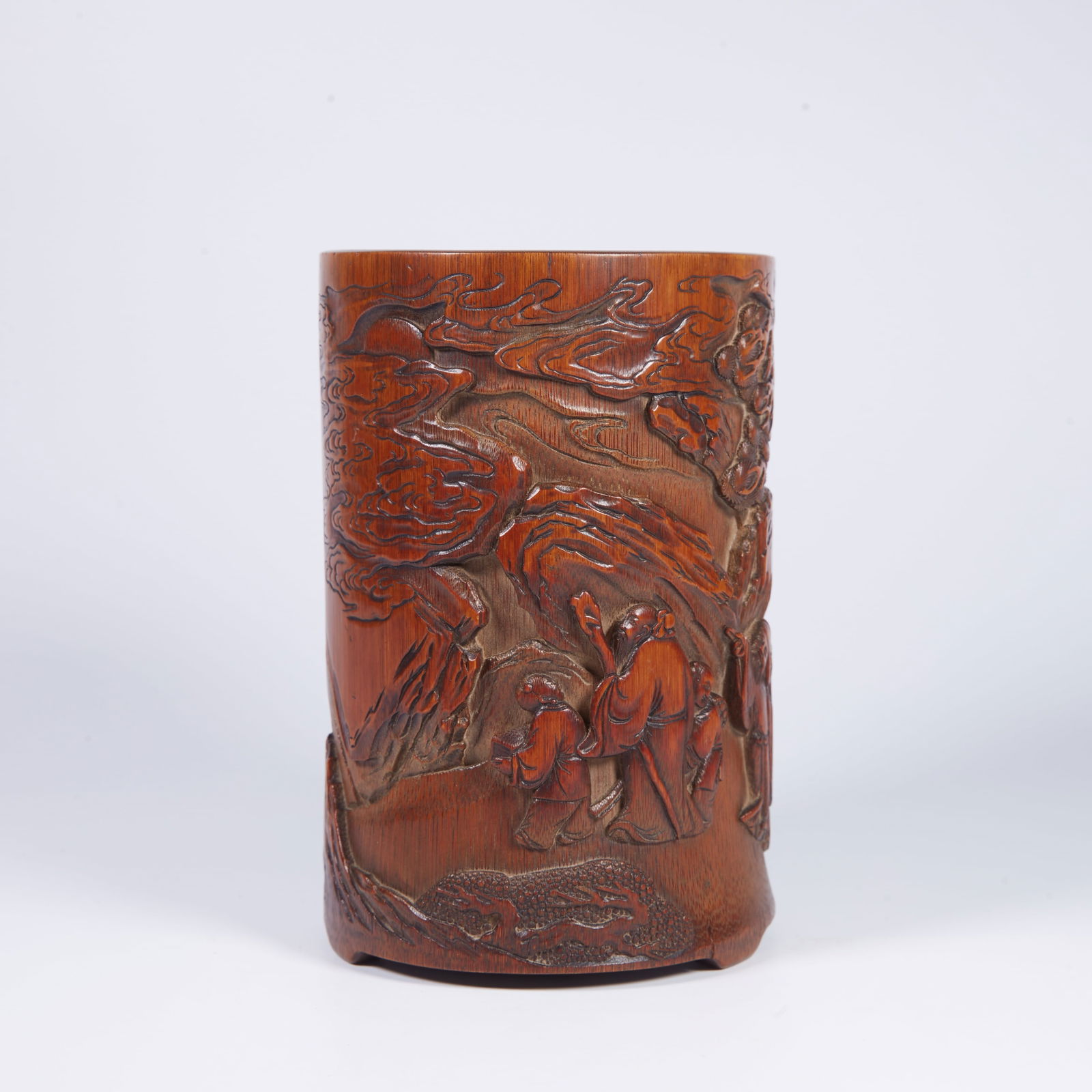 A BAMBOO BRUSH HOLDER WITH FIGURAL CARVING (1 of 10)