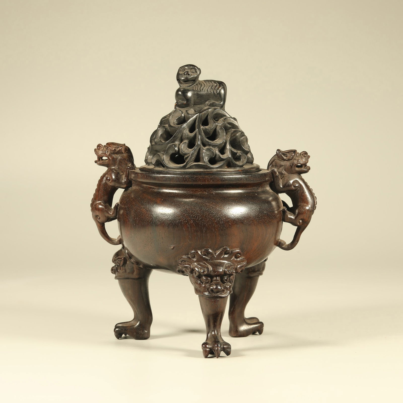 A ZITAN WOOD TRIPOD INCENSE BURNER WITH LION FINIAL (1 of 6)