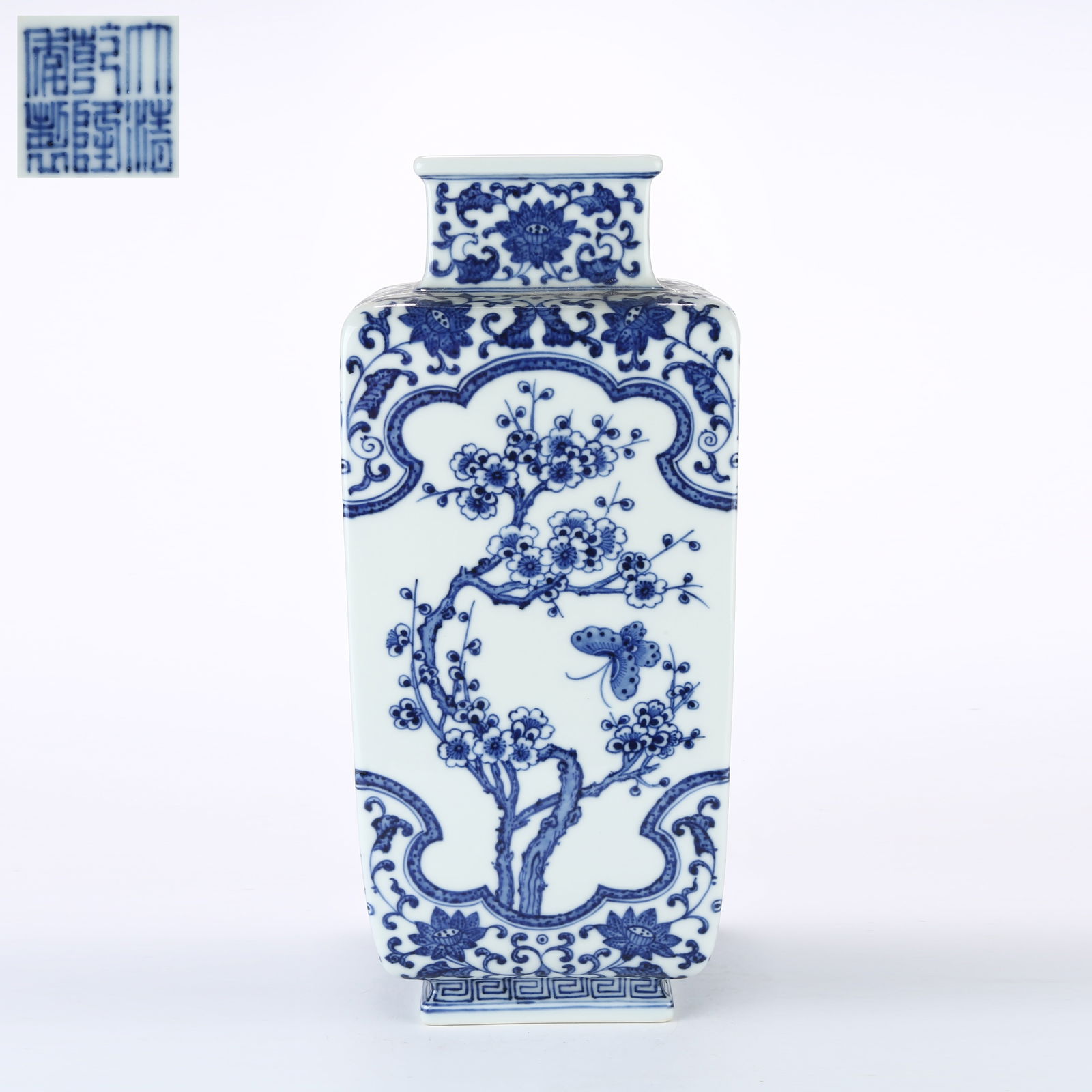 A BLUE AND WHITE SQUARE VASE WITH FOUR SEASONS FLORAL DESIGN (1 of 10)