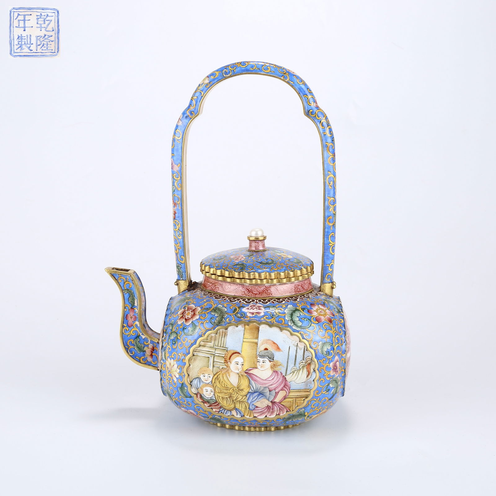 A CLOISONNÉ ENAMEL MELON-RIBBED TEAPOT WITH WESTERN FIGURATIVE SCENE (1 of 10)