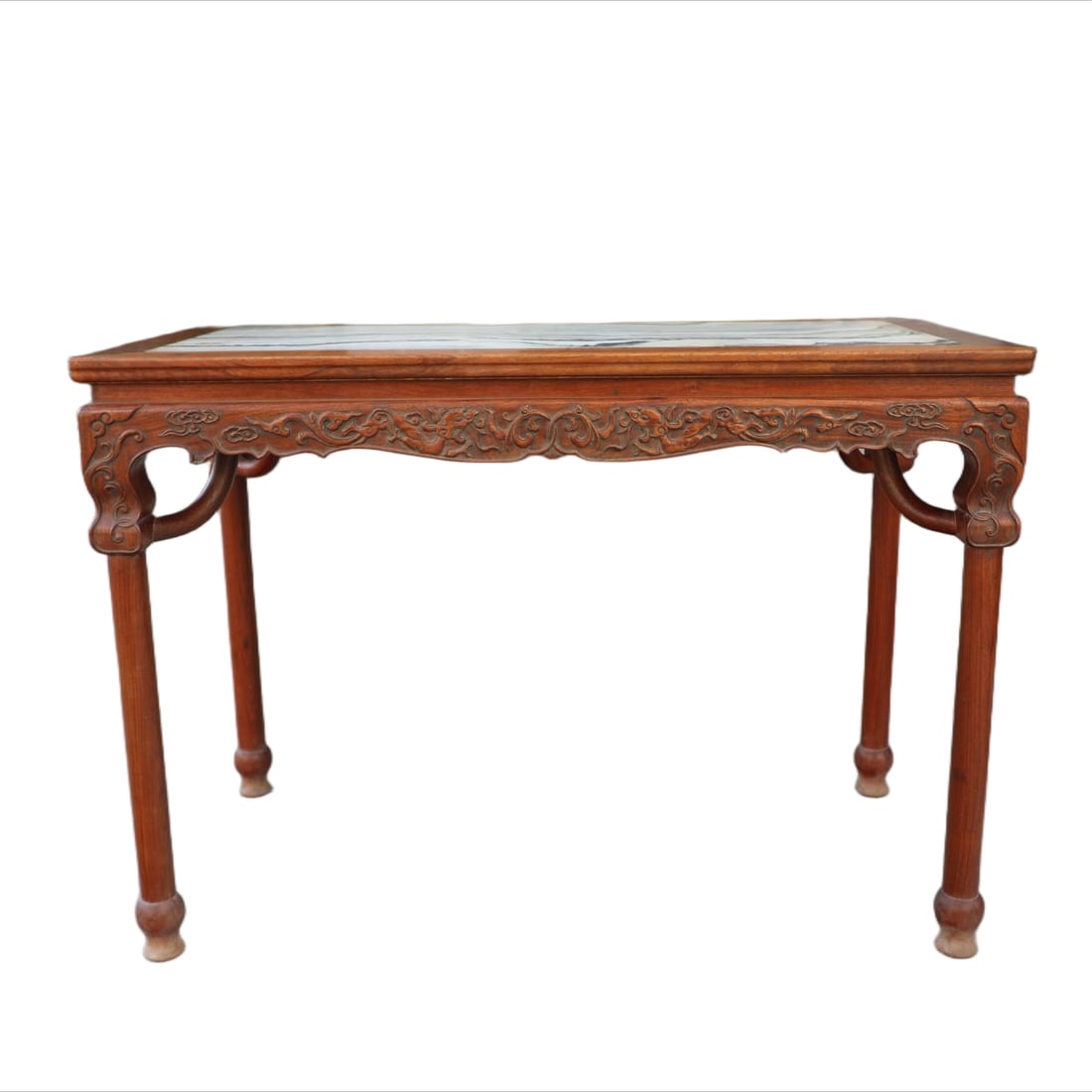 A HUANGHUALI WOOD ALTAR TABLE CARVED WITH DRAGON MOTIFS AND INLAID WITH MARBLE (1 of 7)