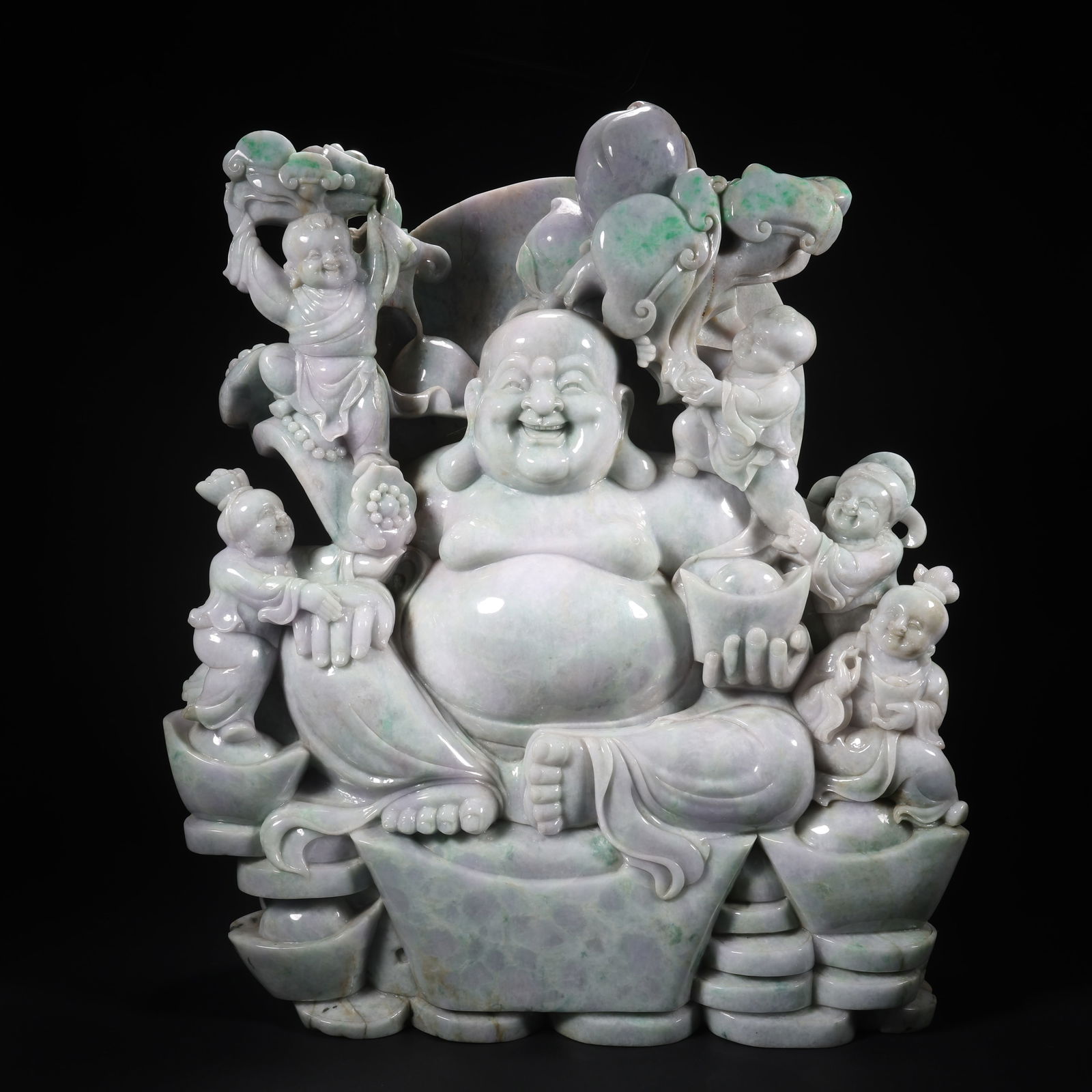 A JADEITE "FIVE SONS PLAYING WITH BUDDHA" FIGURE: Jadeite "Five Sons Playing with Buddha" Figure