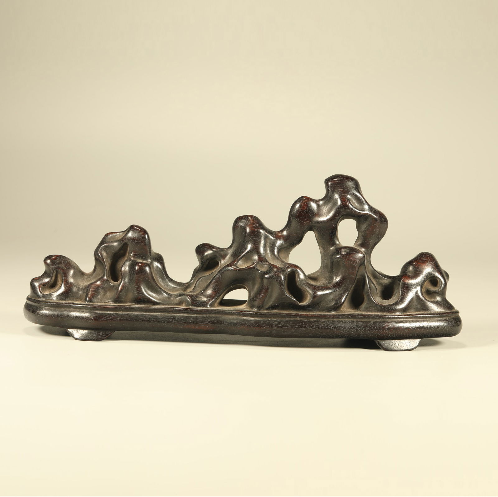 A ZITAN WOOD BRUSH REST CARVED IN THE FORM OF PIERCED ROCKWORK (1 of 6)
