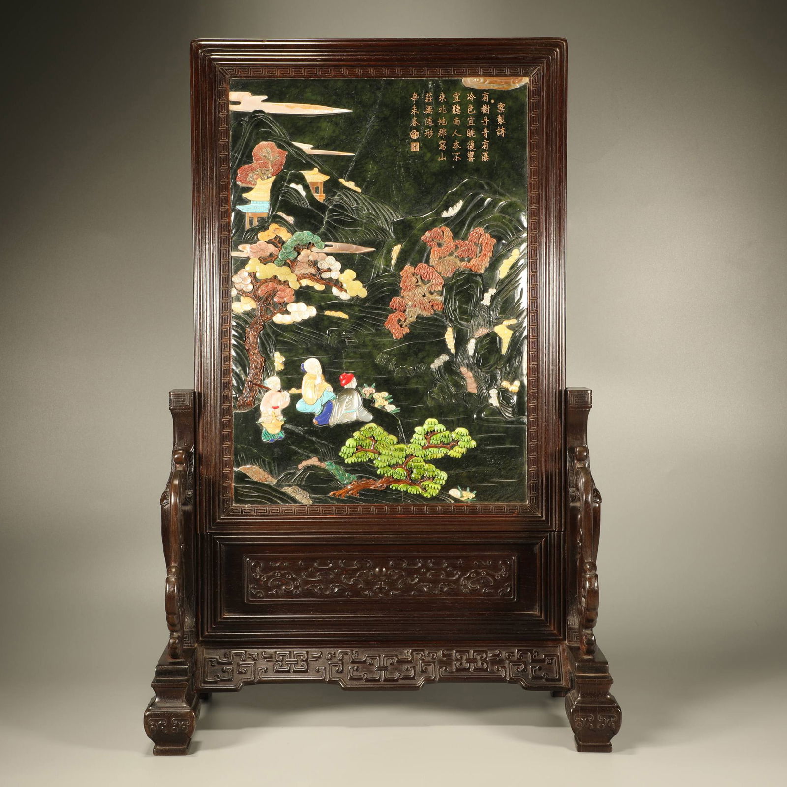A ZITAN WOOD SCREEN INLAID WITH JASPER AND HARDSTONES, DEPICTING LANDSCAPES AND FIGURES (1 of 9)