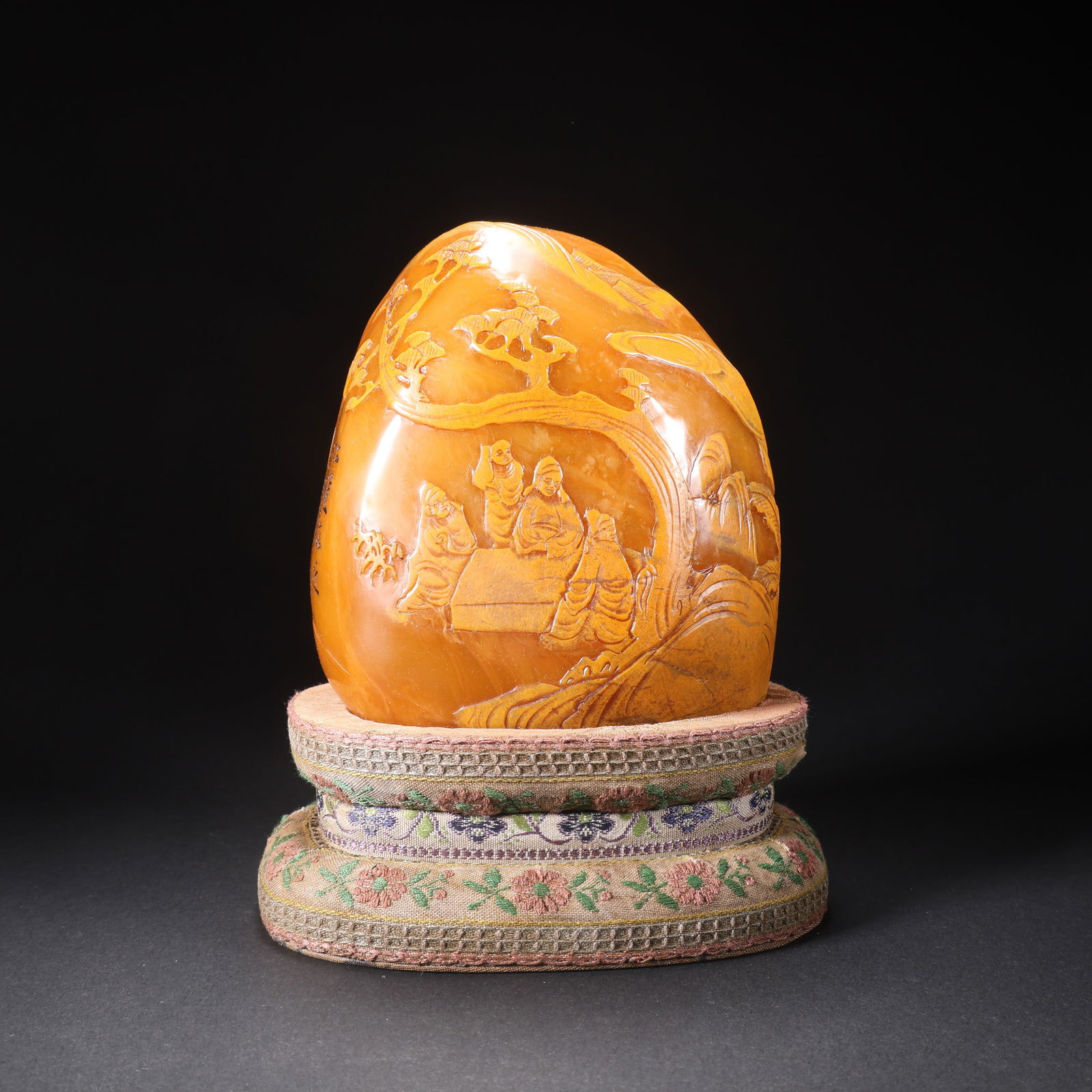 A SHOUSHAN TIANHUANG STONE SEAL IN LANDSCAPE AND FIGURES LOW-RELIEF CARVED MOUNTAIN FORM: Shoushan Tianhuang Stone Seal in Landscape and Figures Low-Relief Carved Mountain Form