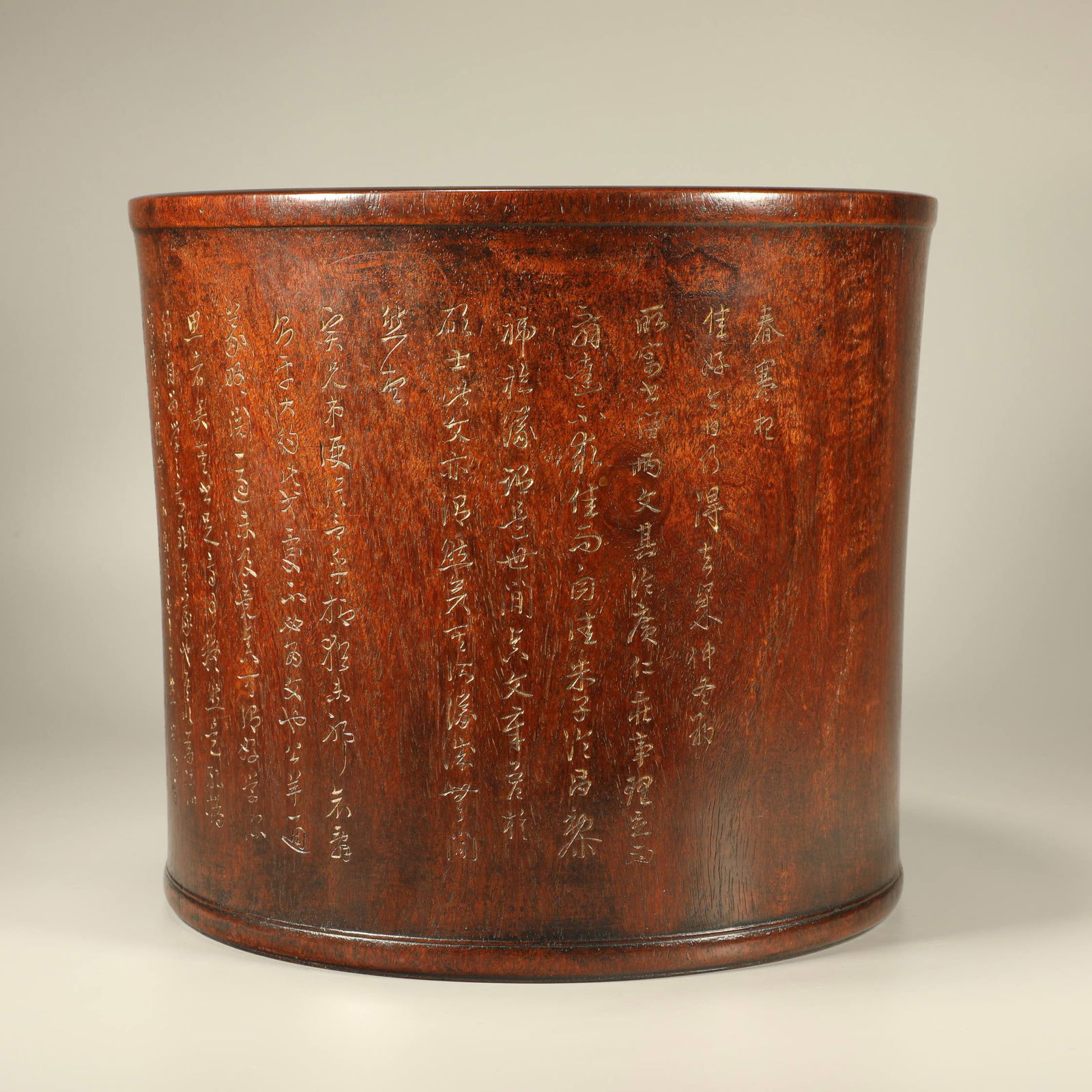 A HUANGHUALI WOOD BRUSH POT CARVED WITH POETIC INSCRIPTIONS AND GILT DECORATION (1 of 7)