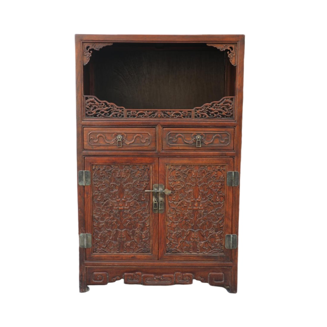 A HUANGHUALI WOOD BUDDHIST CABINET CARVED WITH THE AUSPICIOUS MOTIF "BLESSINGS AND PROSPERITY FOR (1 of 6)