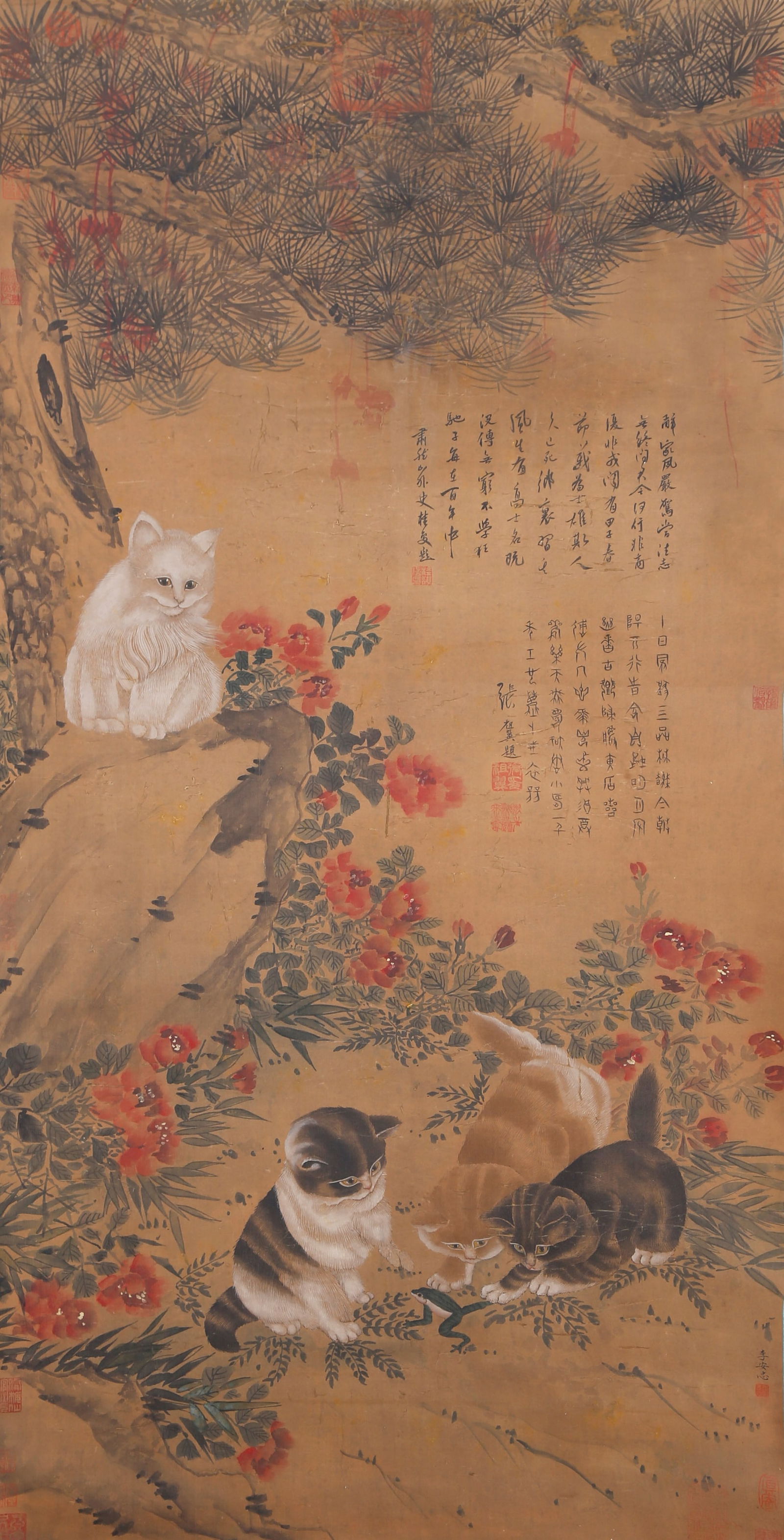 A CATS AT PLAY PAINTING ON SILK BY LI ANZHONG.李安忠: Cats at Play Painting on Silk by Li Anzhong.李安忠