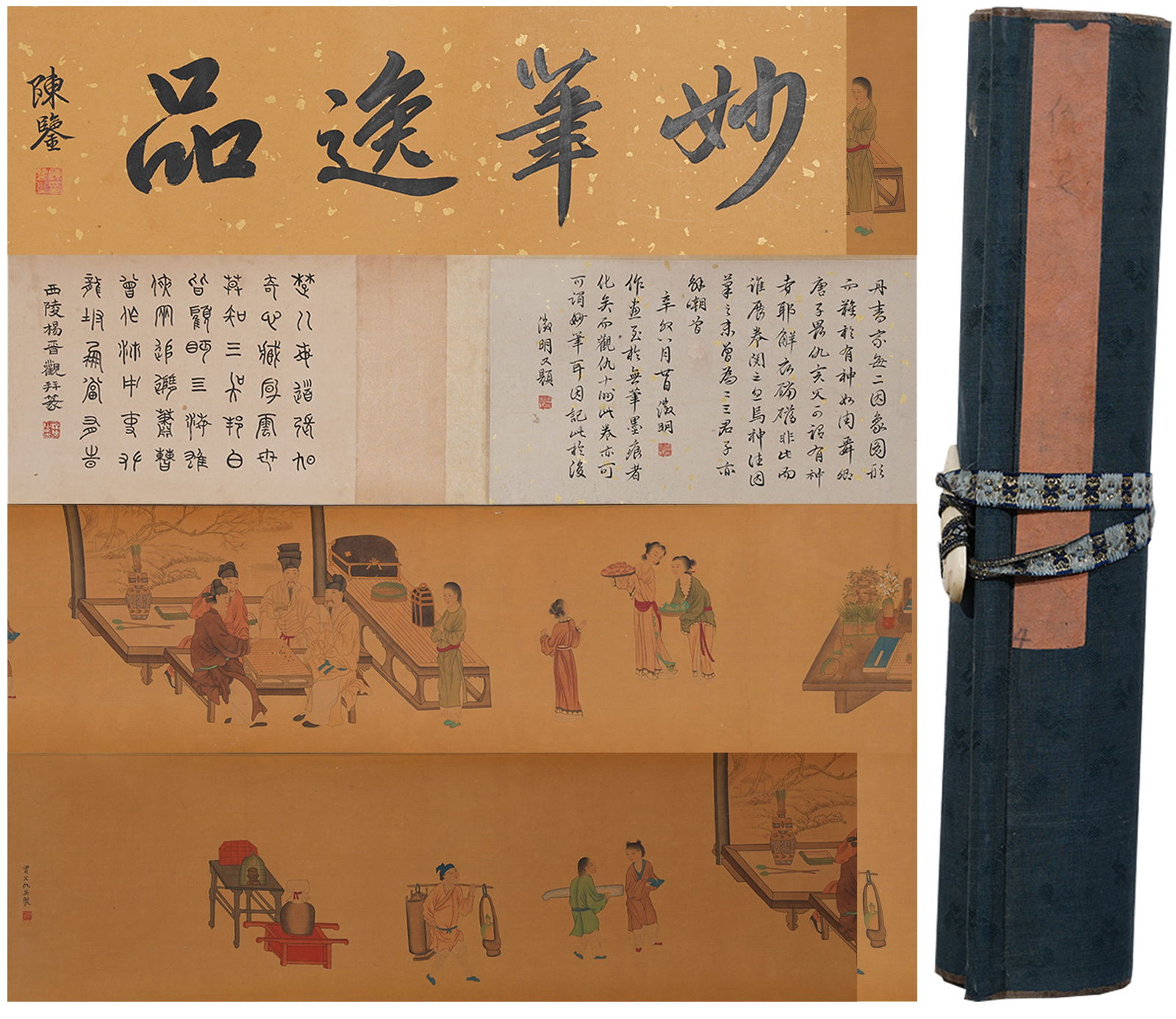 A FIGURE PAINTING HANDSCROLL ON SILK BY QIU YING.仇英: Figure Painting Handscroll on Silk by Qiu Ying.仇英