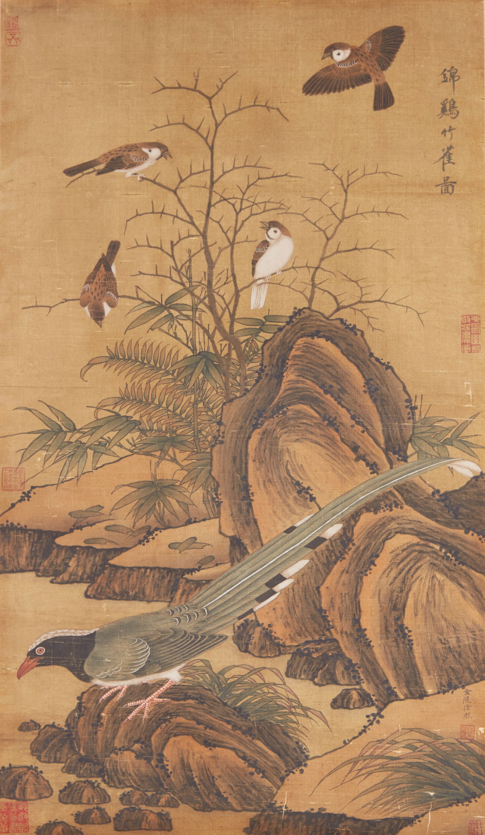 A "GOLDEN PHEASANT AND BAMBOO WITH SPARROWS", PAINTING ON SILK BY XU XI.徐熙 (1 of 9)