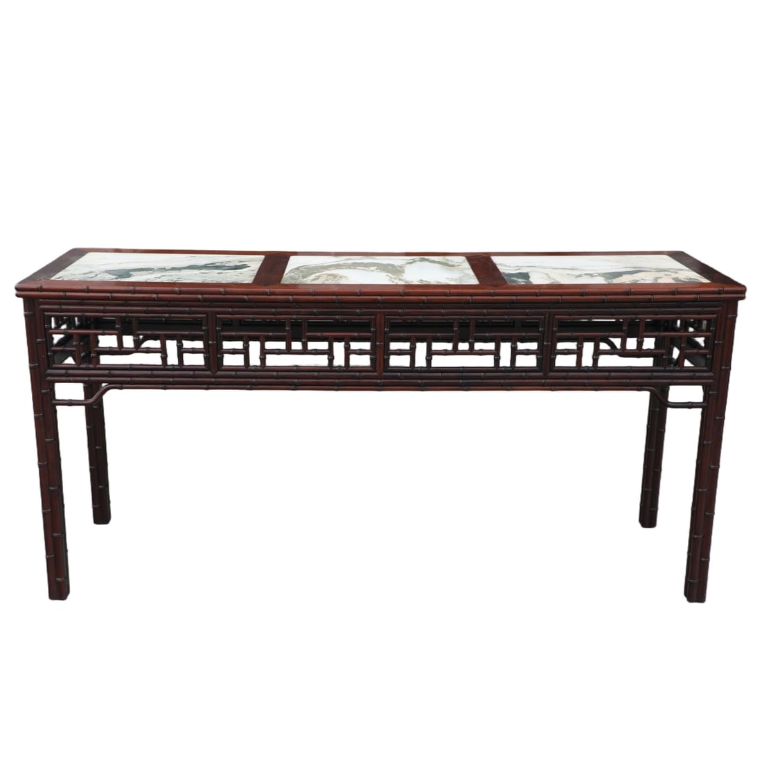 A HUANGHUALI WOOD LONG ALTAR TABLE CARVED WITH BAMBOO-JOINT MOTIFS AND INLAID WITH MARBLE (1 of 8)