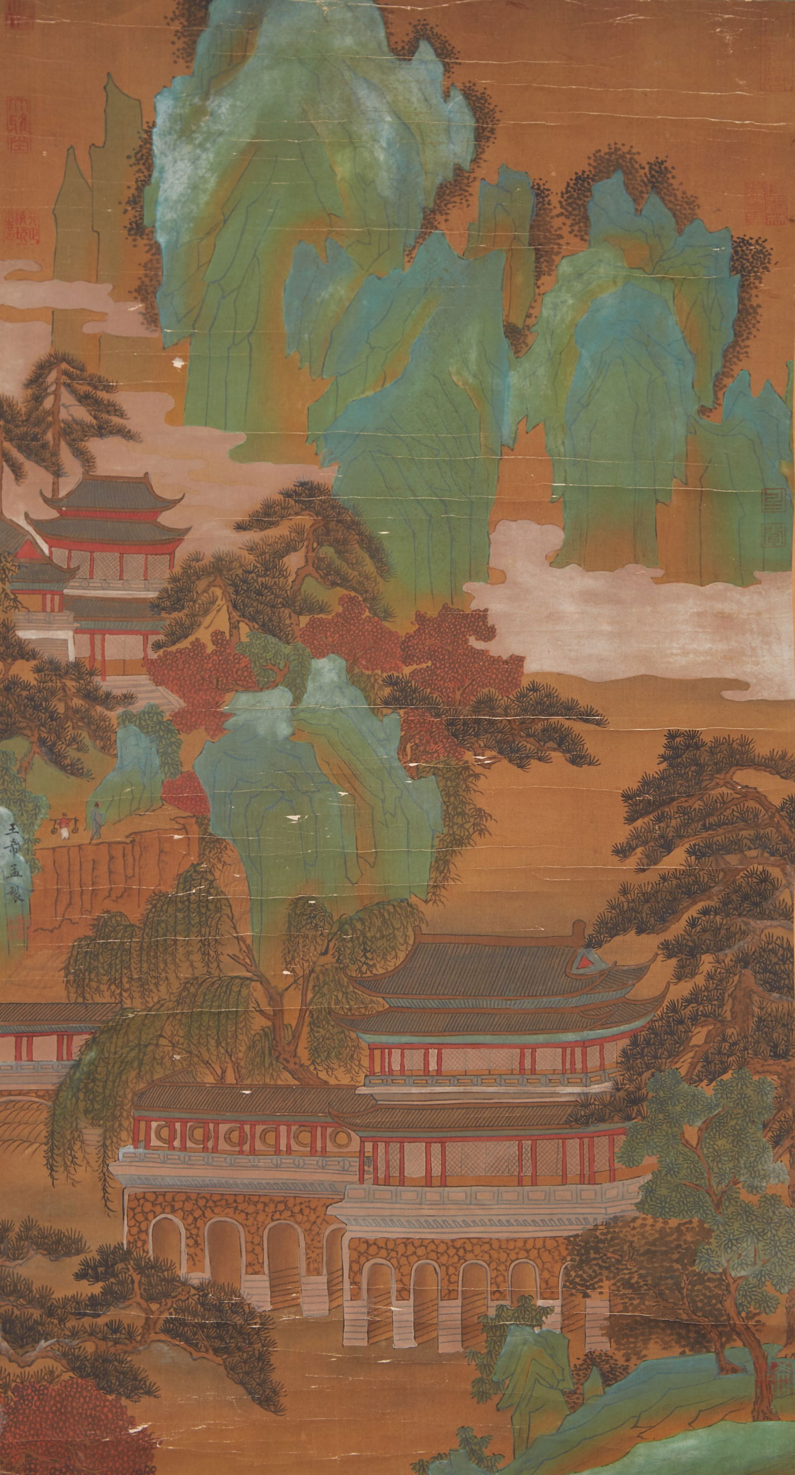 A "LANDSCAPE WITH PAVILIONS", PAINTING ON SILK BY WANG XIMENG.王希孟 (1 of 11)