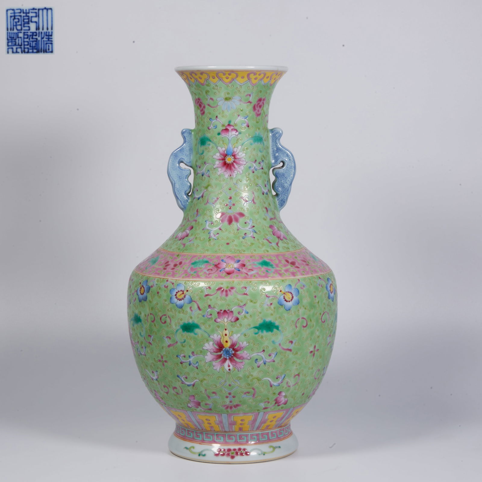 A GREEN-GROUND FAMILLE-ROSE DOUBLE-HANDLED VASE WITH SCROLLING BAOXIANG FLORAL DECORATION (KILN (1 of 9)