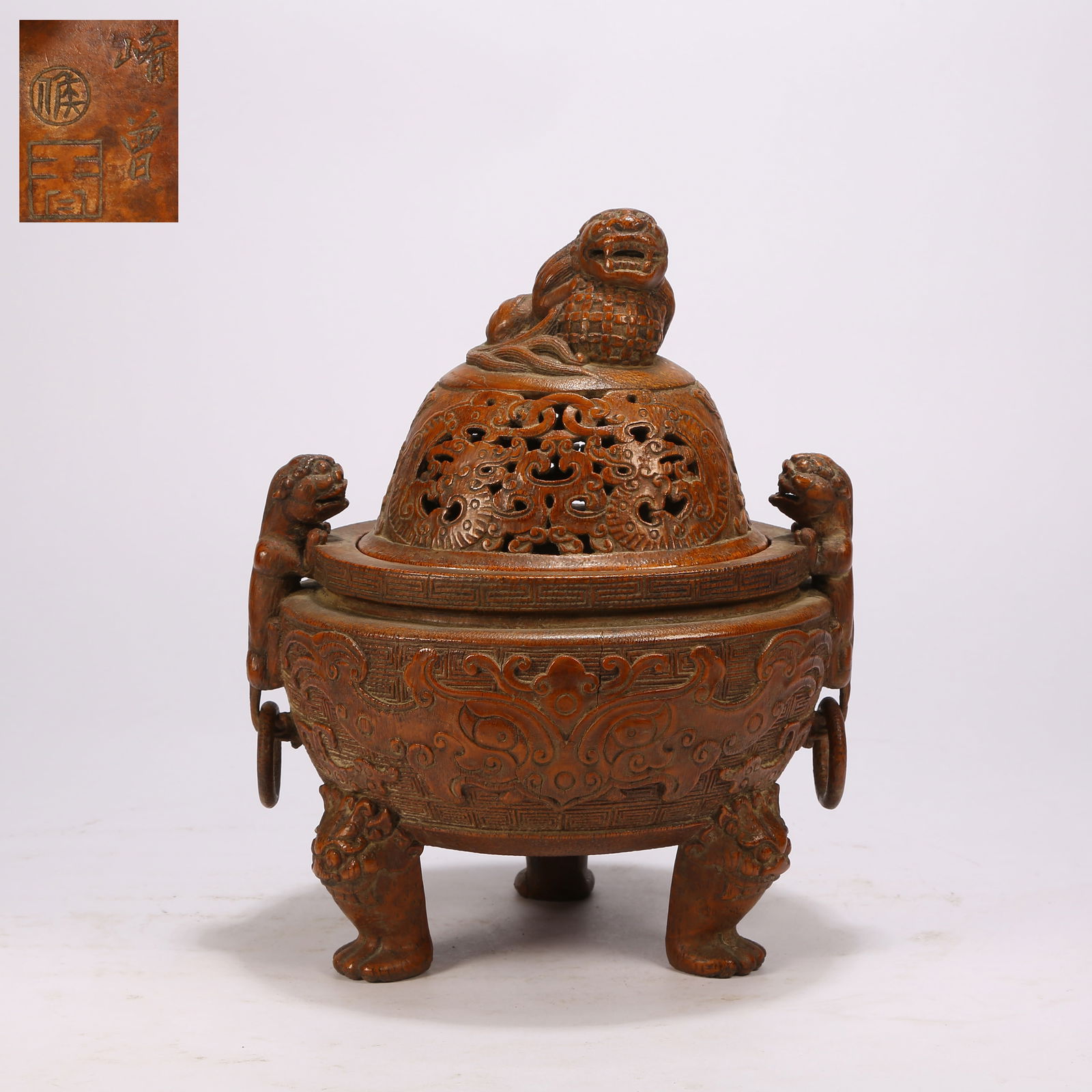 A BAMBOO ROOT–CARVED THREE-LEGGED CENSERS WITH BEAST-FACE AND LOOSE-RING HANDLES (1 of 9)