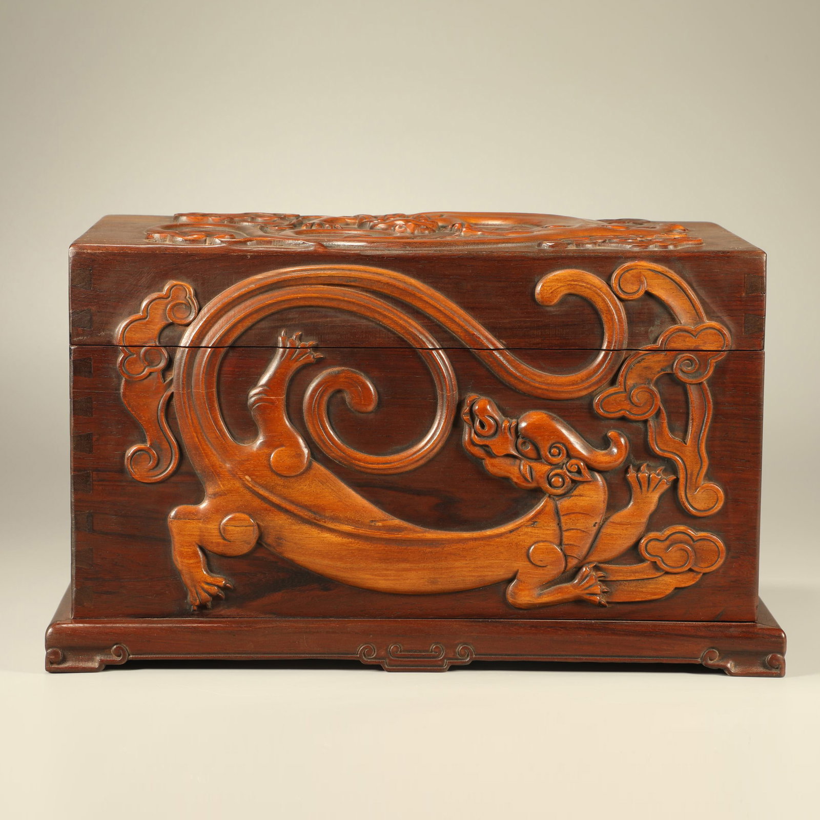 A HUANGHUALI WOOD MULTI-COMPARTMENT SCHOLAR'S BOX INLAID WITH BOXWOOD AND CARVED WITH CHILONG MOTIFS (1 of 6)