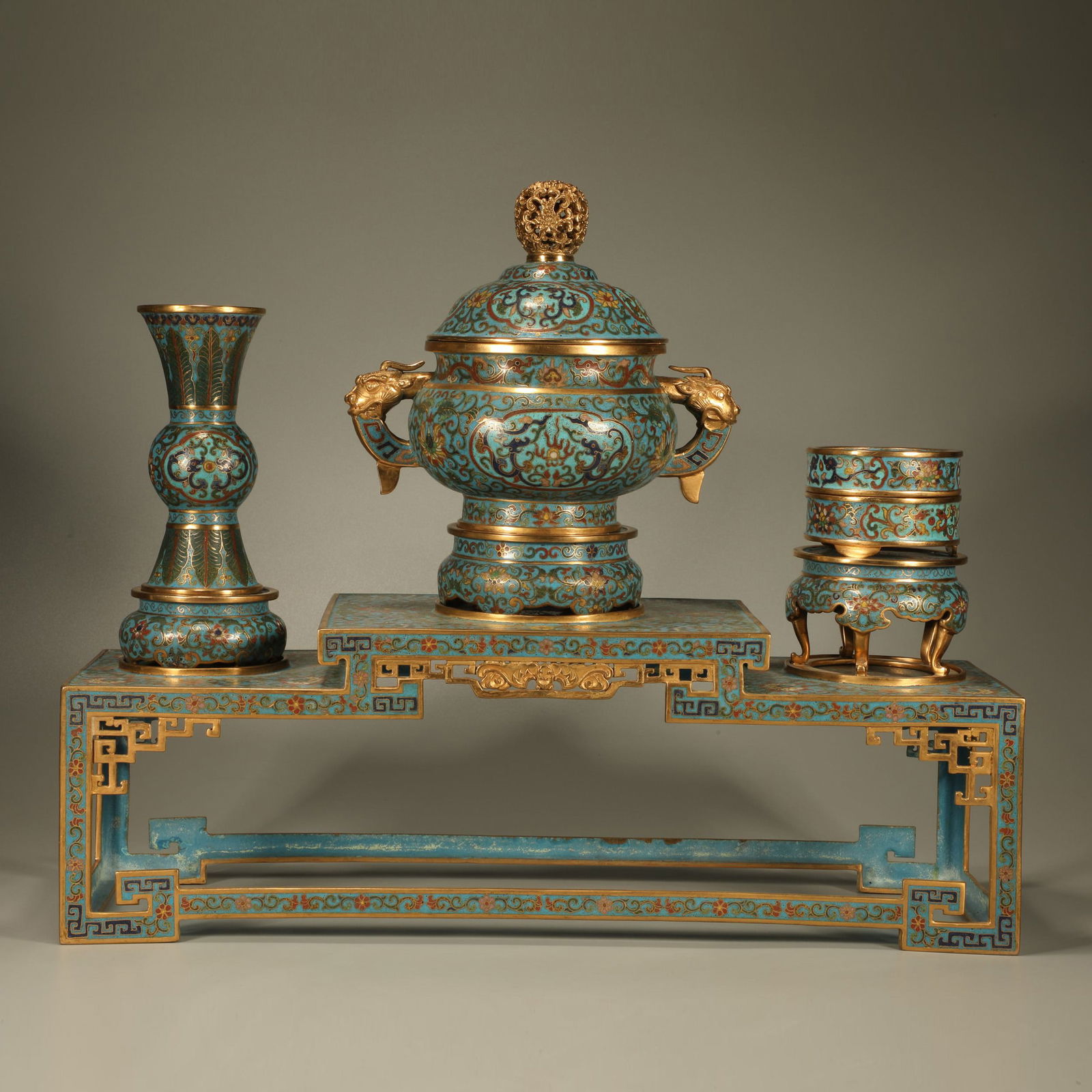 A CLOISONNÉ ENAMEL GARNITURE OF THREE, COMPRISING AN INCENSE BURNER, VASES, AND COVERED BOXES, (1 of 6)