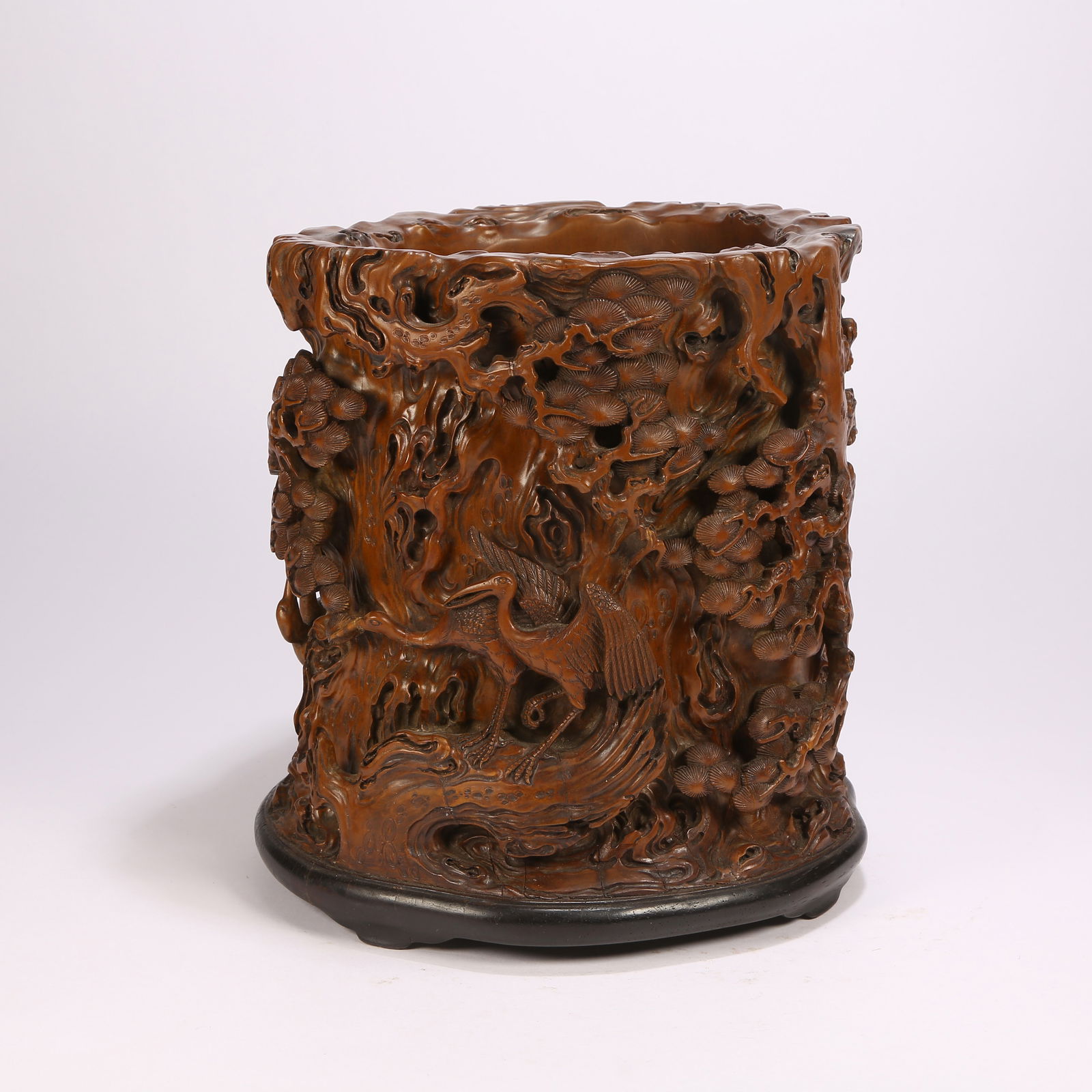 A HUANGHUALI WOOD BRUSH HOLDER WITH PINE-AND-CRANE "LONGEVITY" MOTIF (1 of 9)