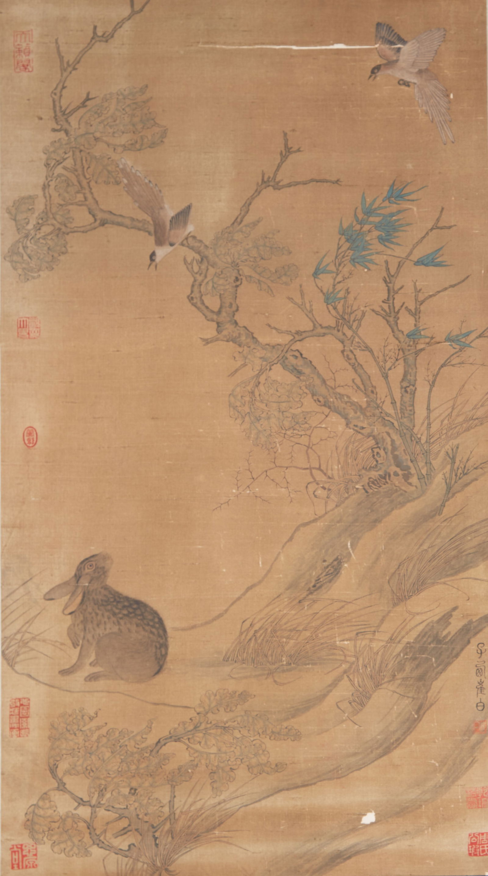A "BIRDS AND RABBITS", PAINTING ON SILK BY CUI BAI.崔白 (1 of 9)