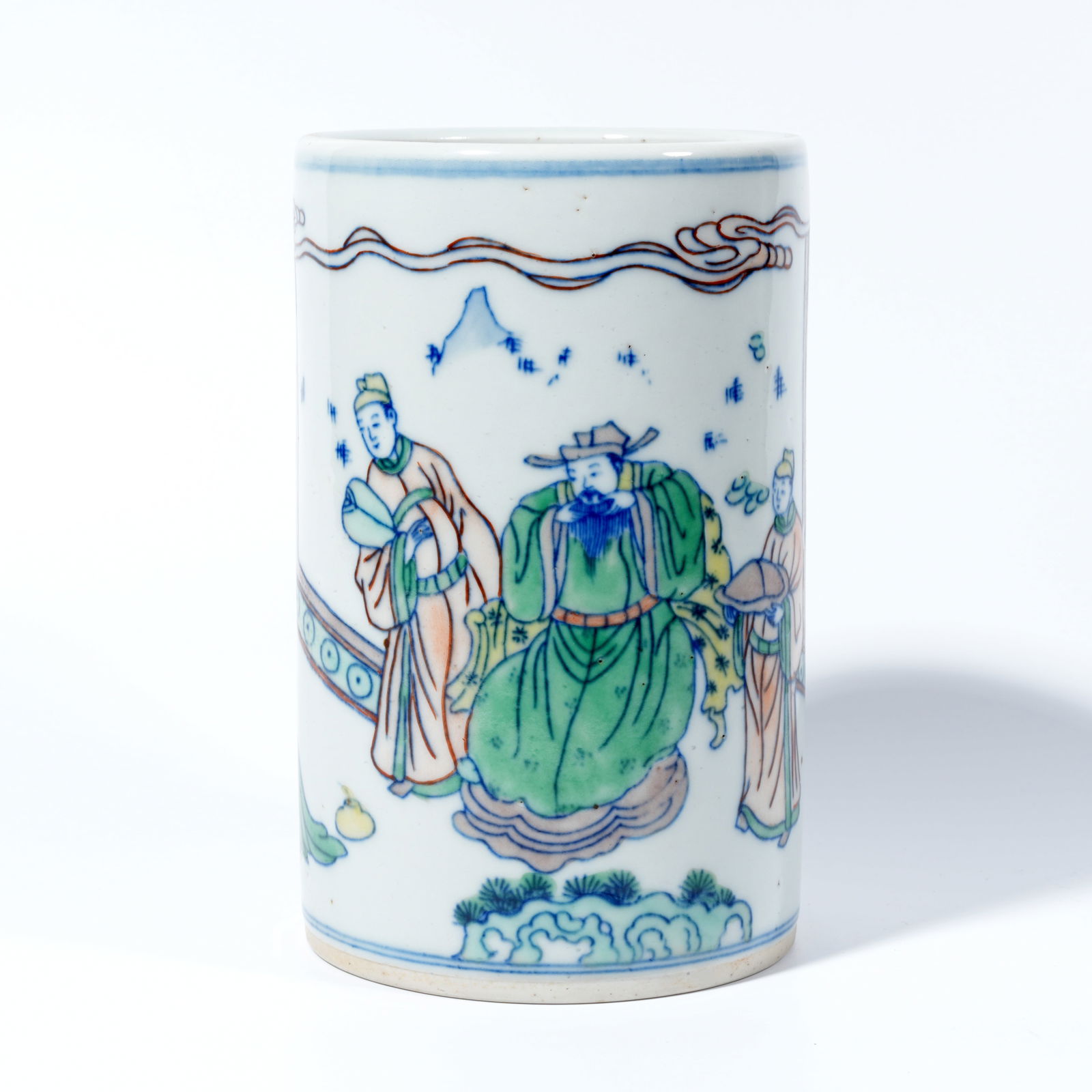 A FAMILLE-ROSE BRUSH HOLDER WITH FIGURAL STORY DECORATION (1 of 9)