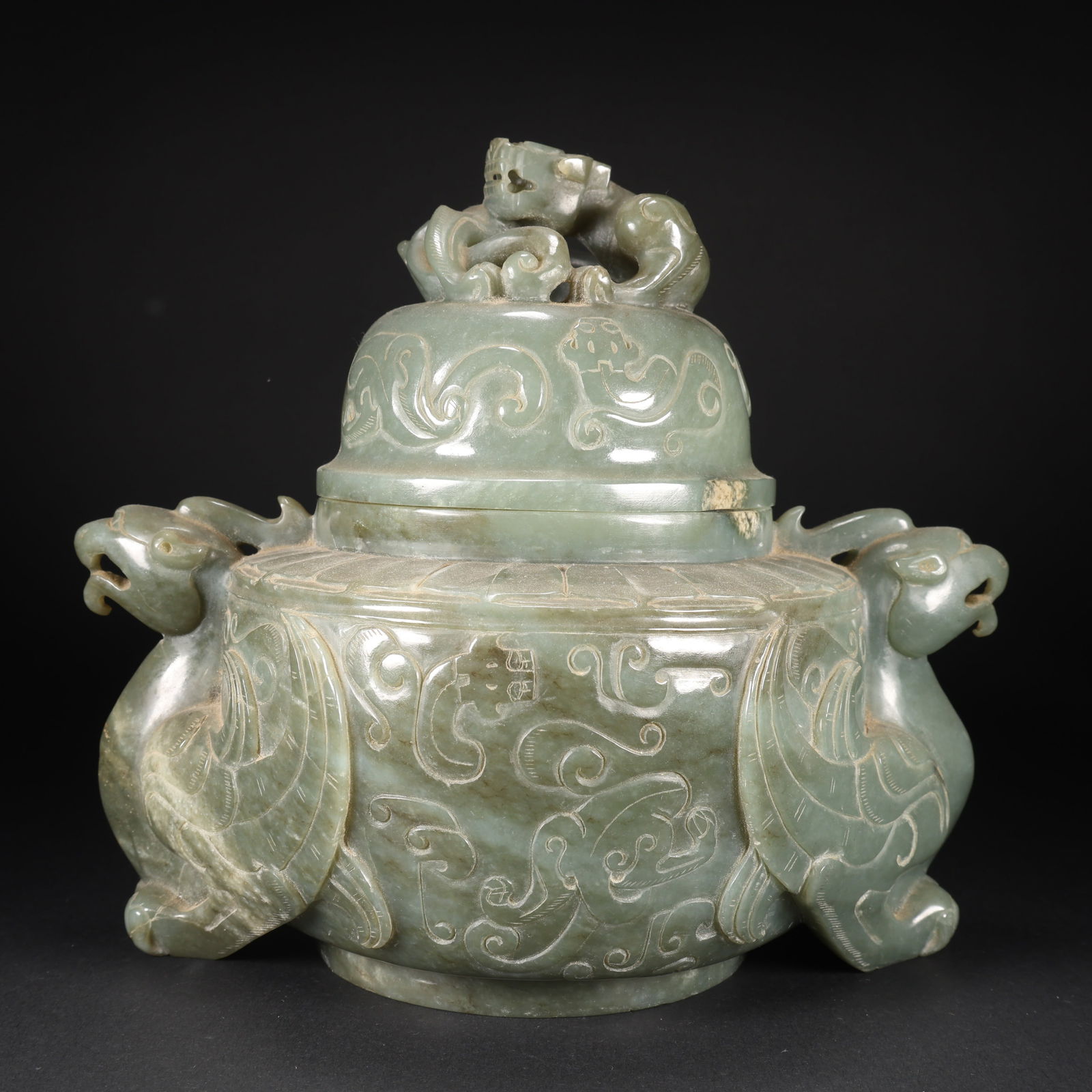 A HETIAN JADE COVERED JAR WITH ONE DRAGON AND TWO PHOENIXES (1 of 9)