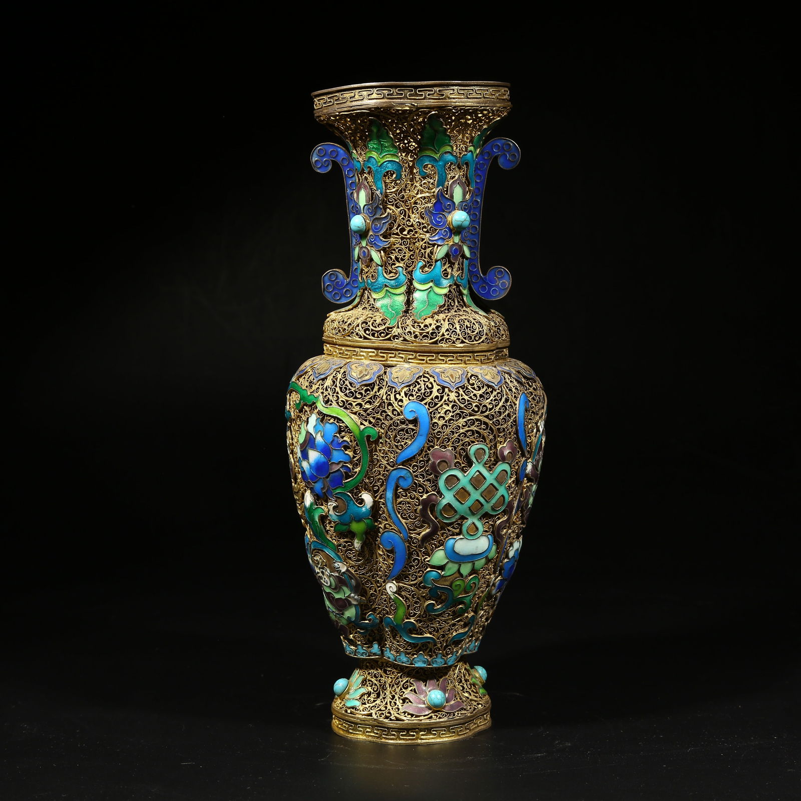 A GILDED SILVER FILIGREE CLOISONNÉ DOUBLE-HANDLED VASE WITH BOY HOLDING LOTUS: Gilded silver filigree cloisonné double-handled vase with boy holding lotus