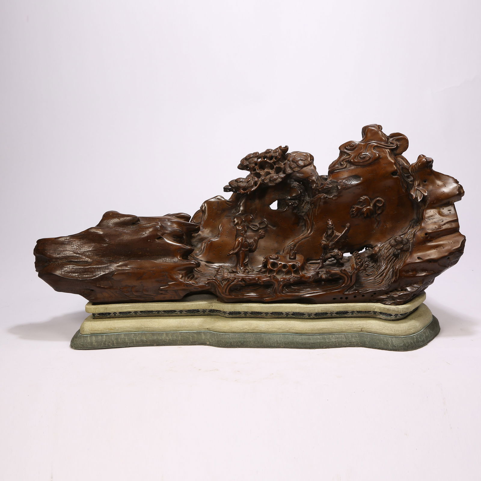 A HUANGHUALI WOOD MOUNTAIN ORNAMENT WITH LANDSCAPE AND FIGURAL DECORATION (1 of 9)