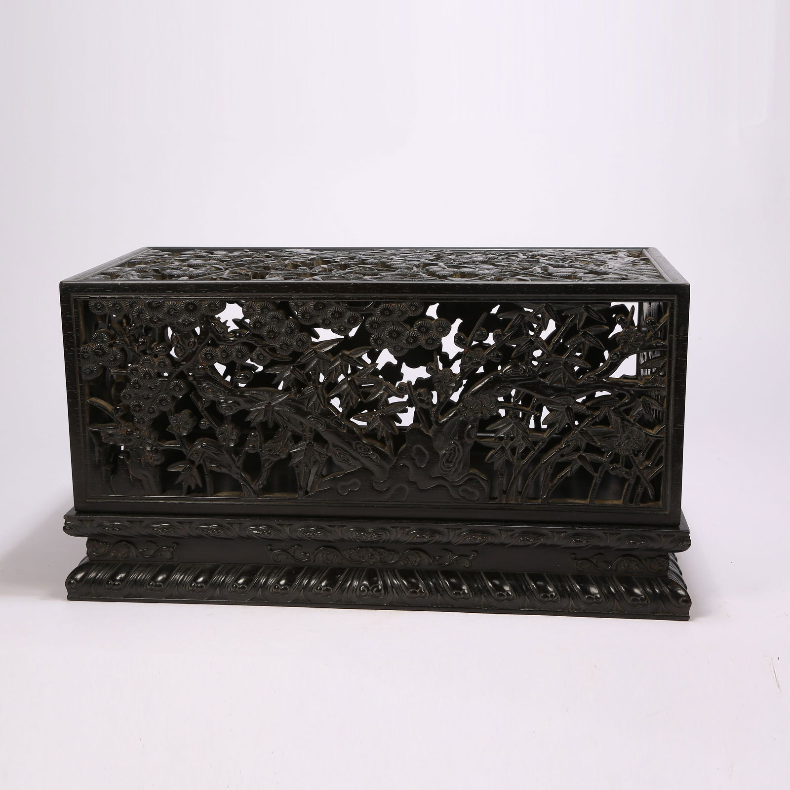 A ZITAN WOOD LIDDED BOX WITH "THREE FRIENDS OF WINTER" MOTIF: Zitan wood lidded box with "Three Friends of Winter" motif