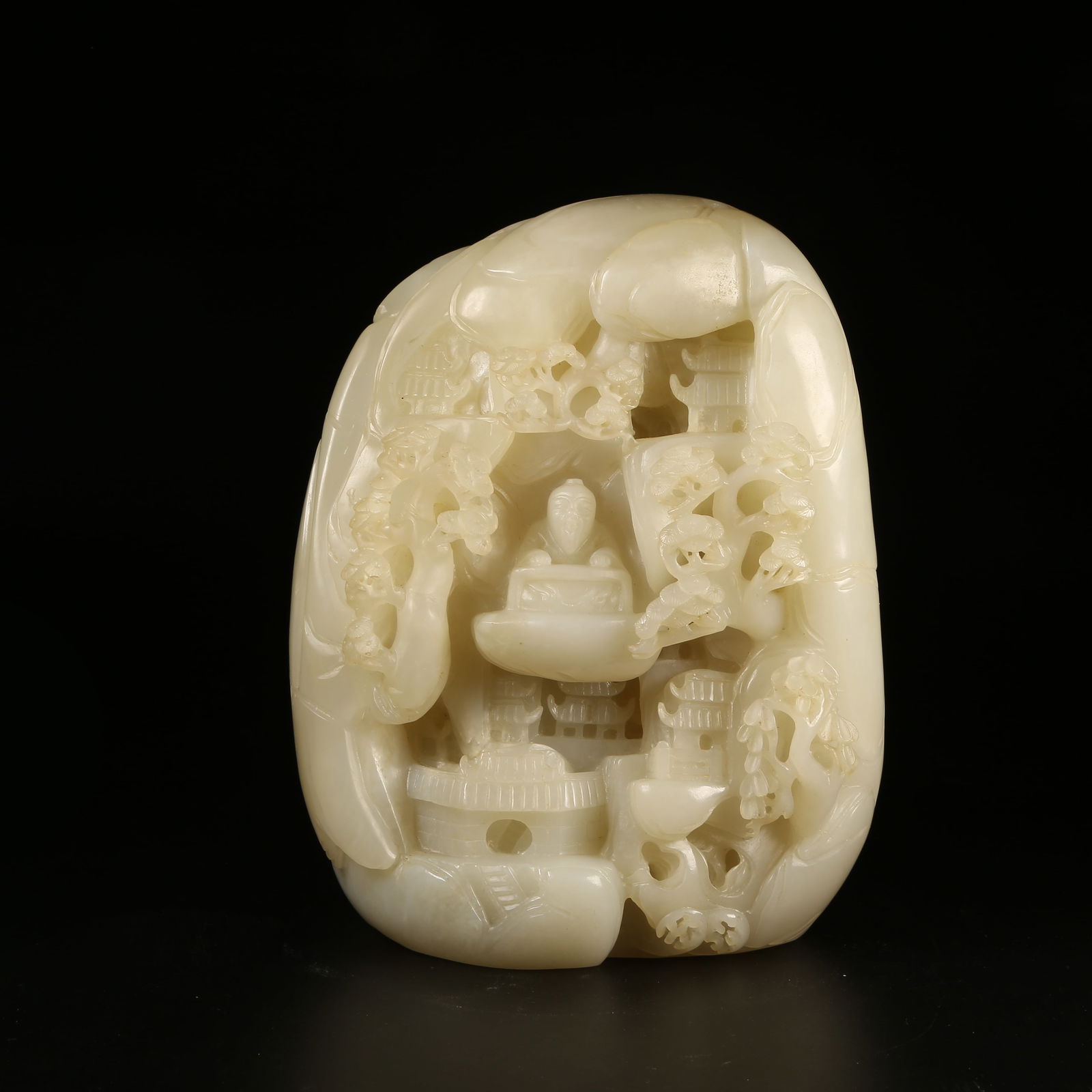 A HETIAN JADE MOUNTAIN-FORM ORNAMENT DEPICTING ELEGANT GATHERING UNDER PINE TREES (1 of 9)