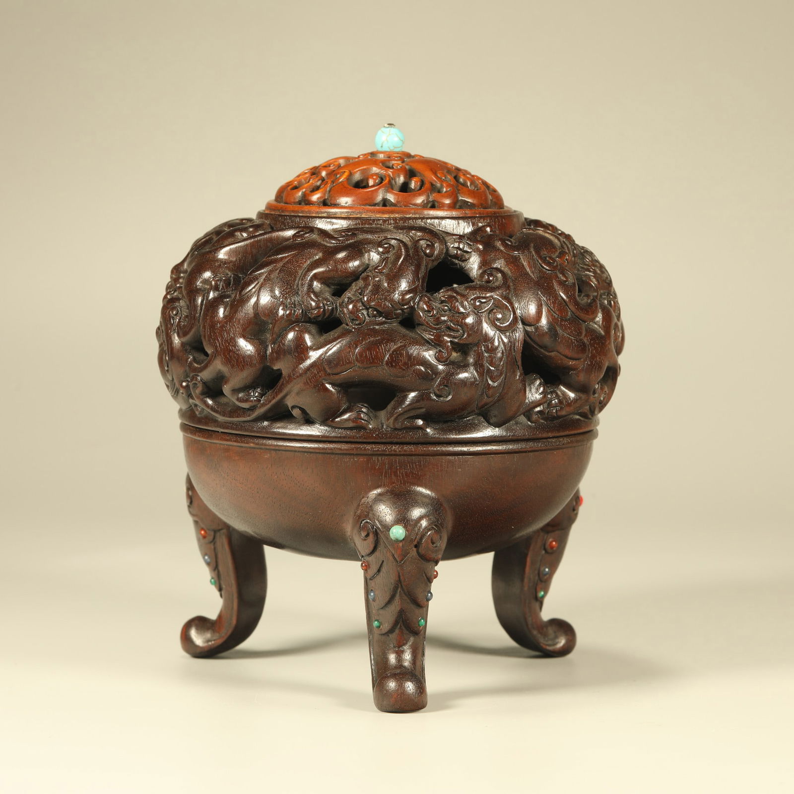 A ZITAN WOOD INCENSE BURNER CARVED WITH CHILONG MOTIFS (1 of 6)
