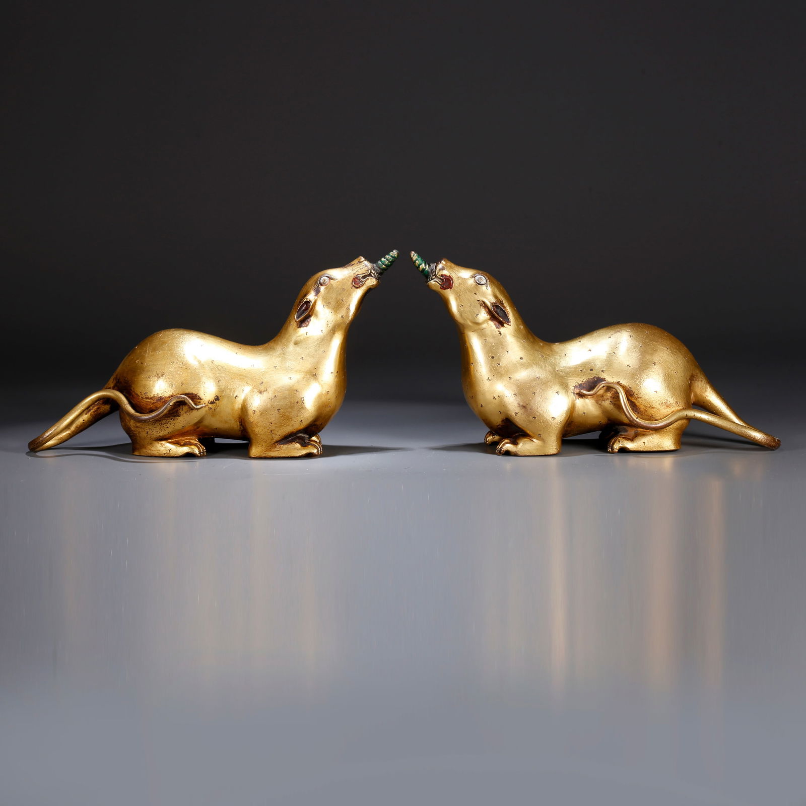 A PAIR OF GILT BRONZE TREASURE-SPOUTING MICE: Pair of Gilt Bronze Treasure-Spouting Mice