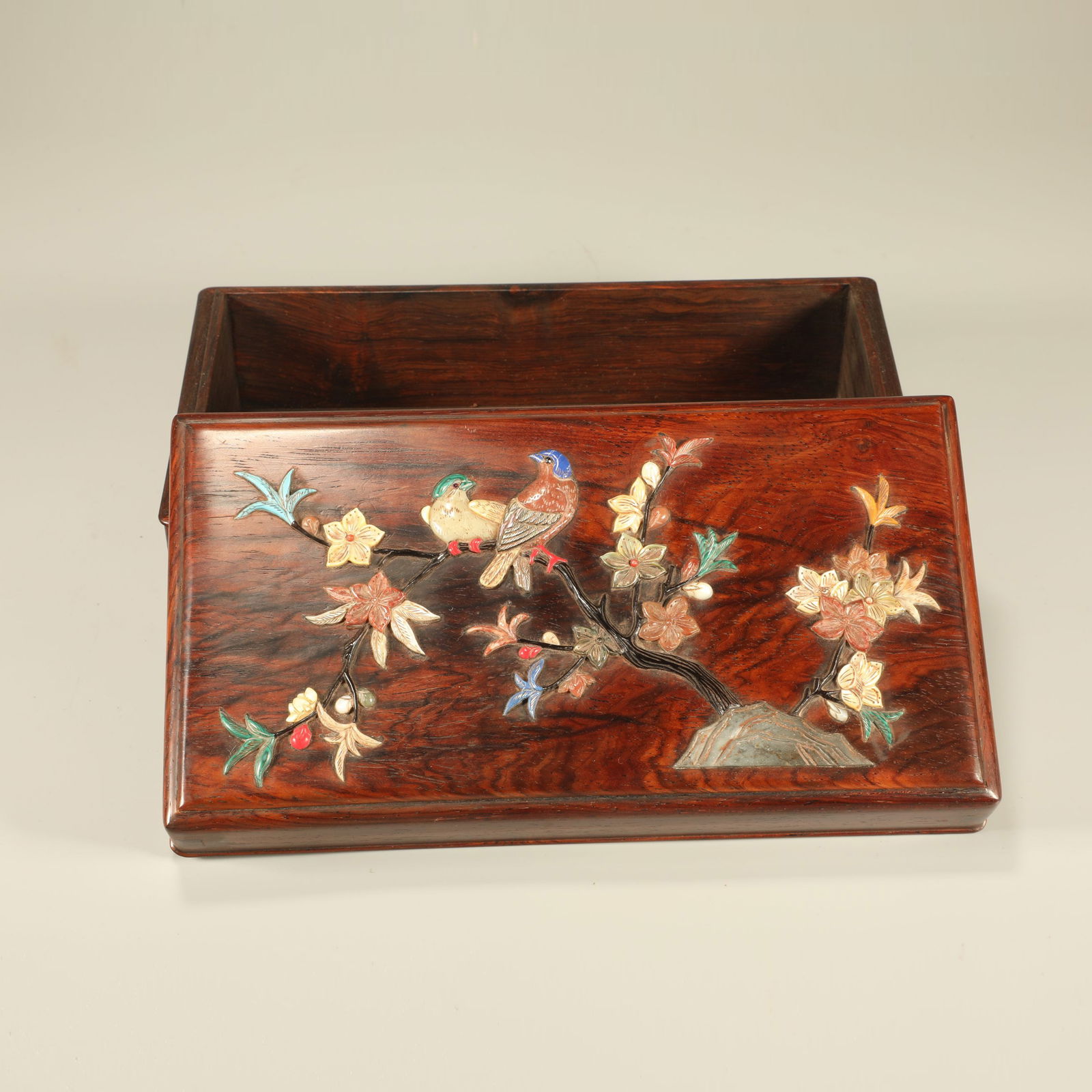 A HUANGHUALI WOOD COVERED BOX INLAID WITH HARDSTONE FLORAL AND BIRD MOTIFS (1 of 7)
