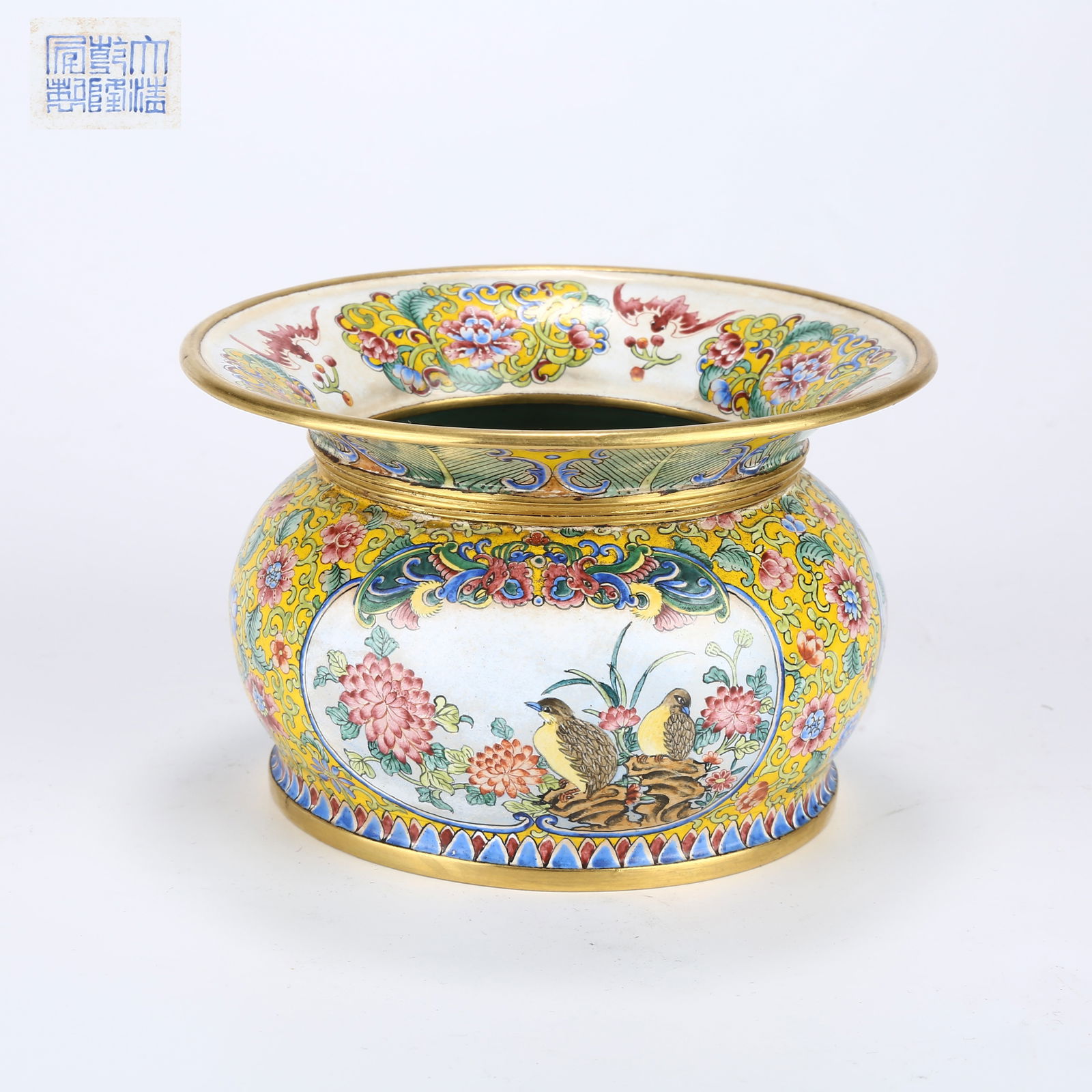 A CLOISONNÉ ENAMEL SPITTOON WITH "PEACEFUL LIFE" MOTIF (1 of 8)