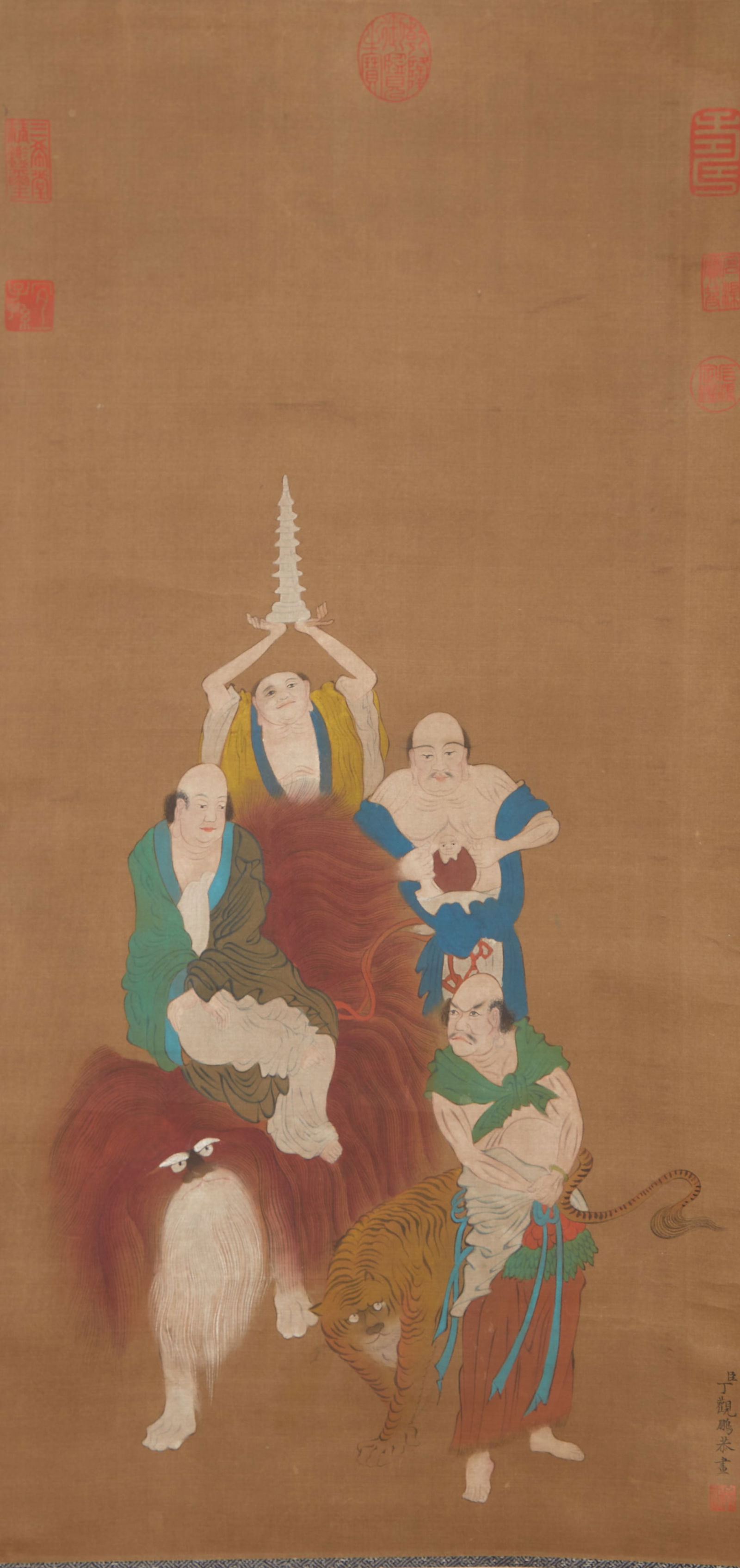 A ARHAT PAINTING ON SILK BY DING GUANPENG.丁觀鵬: Arhat Painting on Silk by Ding Guanpeng.丁觀鵬