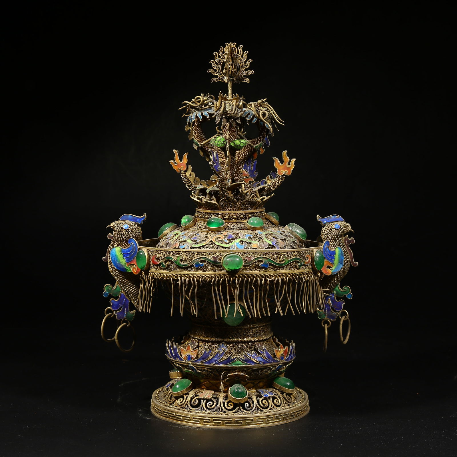 A GILDED SILVER FILIGREE CLOISONNÉ DRAGON-THEMED ORNAMENT: Gilded silver filigree cloisonné dragon-themed ornament