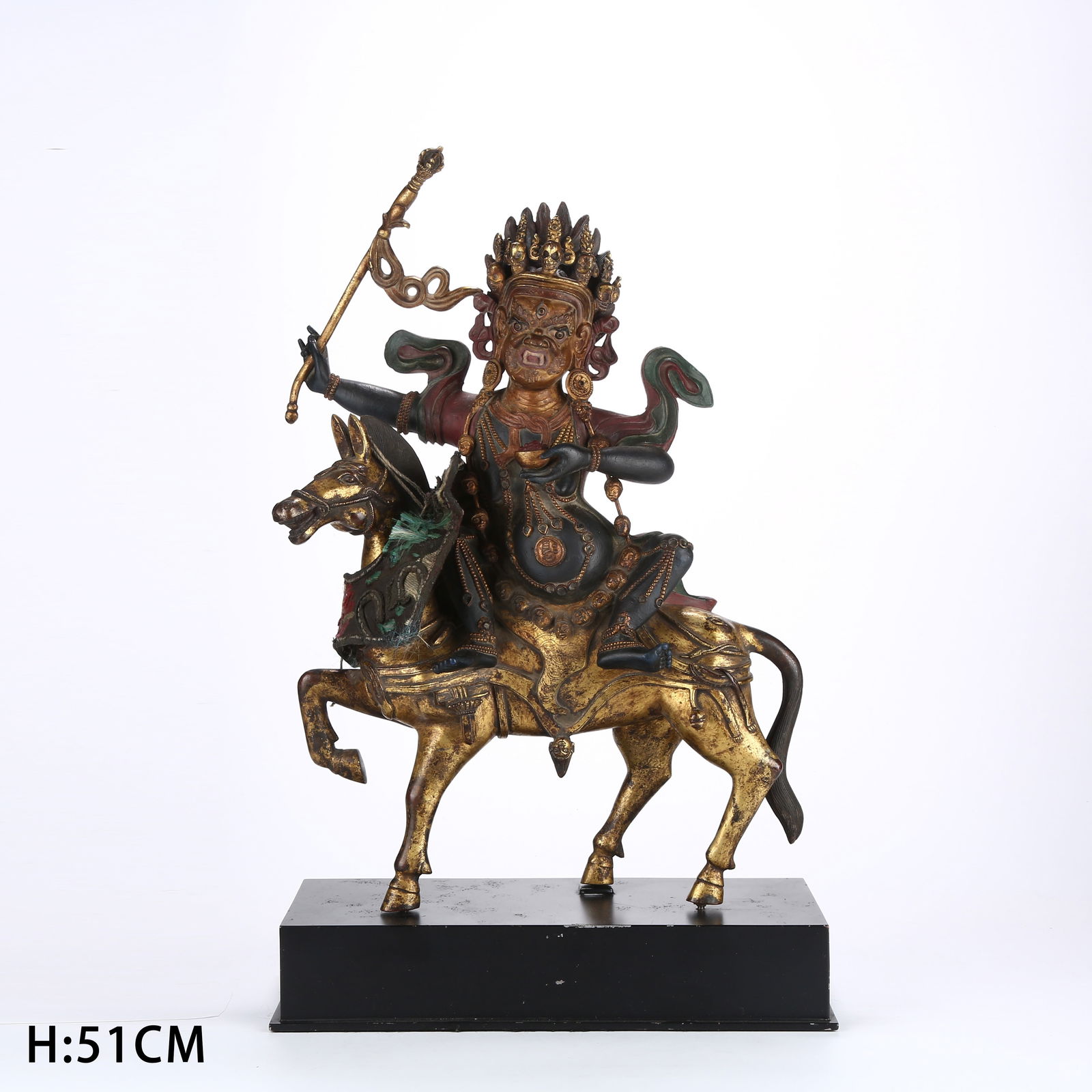 A GILT BRONZE POLYCHROME STATUE OF PALDEN LHAMO (AUSPICIOUS GODDESS): Gilt Bronze Polychrome Statue of Palden Lhamo (Auspicious Goddess)