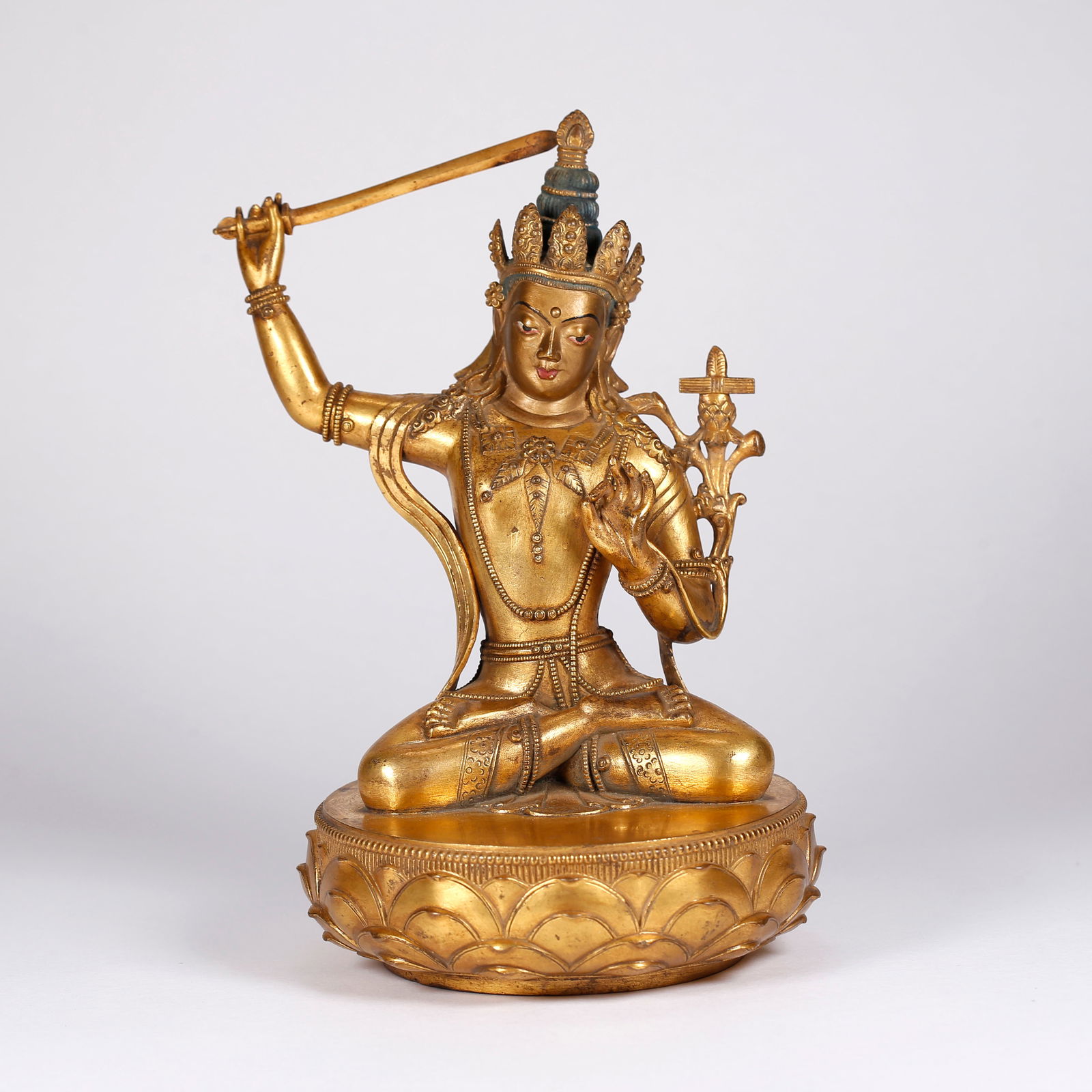 A GILT BRONZE MANJUSHRI P??? STATUE: Gilt Bronze Manjushri P??? Statue