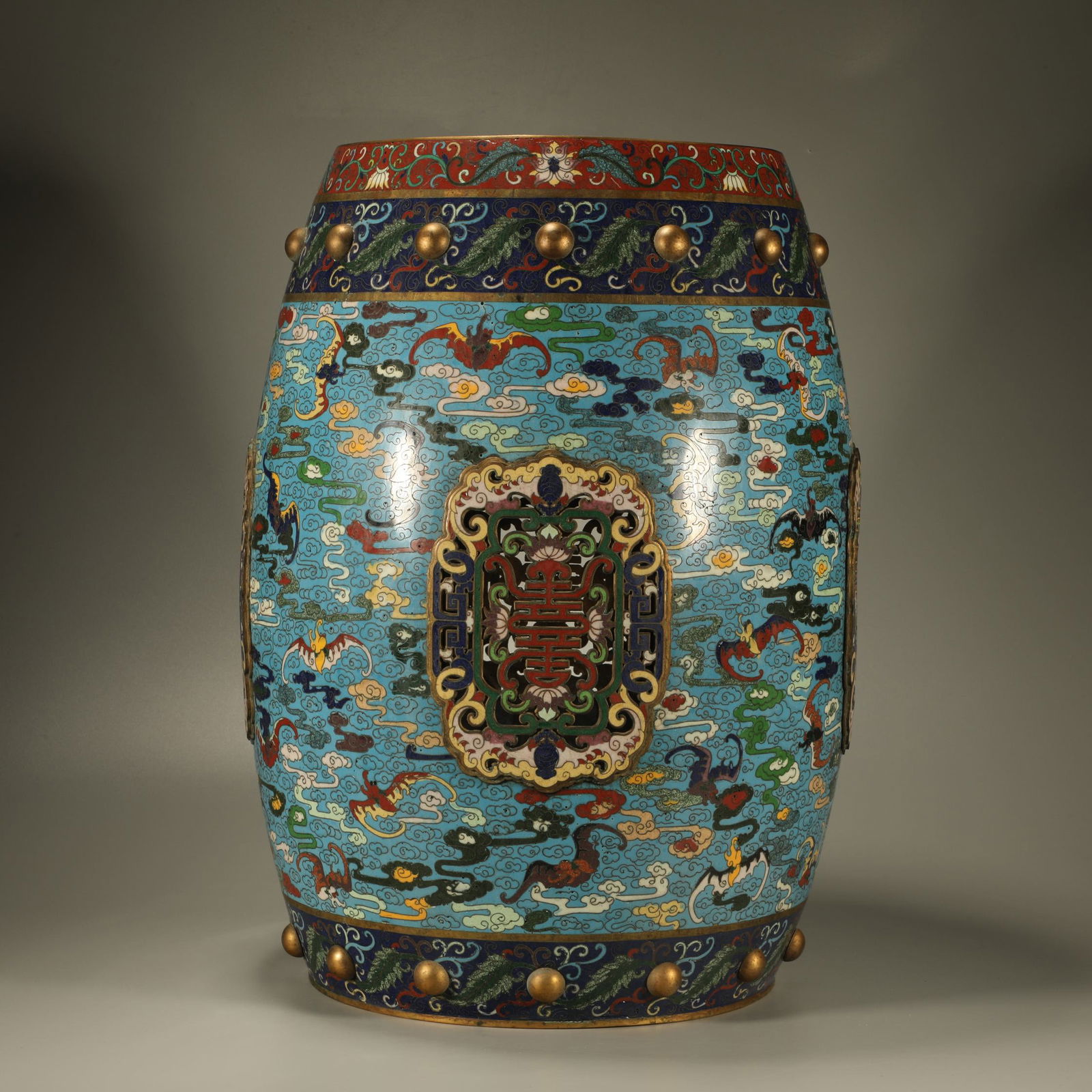 A CLOISONNÉ ENAMEL DRUM STOOL DECORATED WITH "BLESSINGS AND LONGEVITY" MOTIFS (1 of 8)