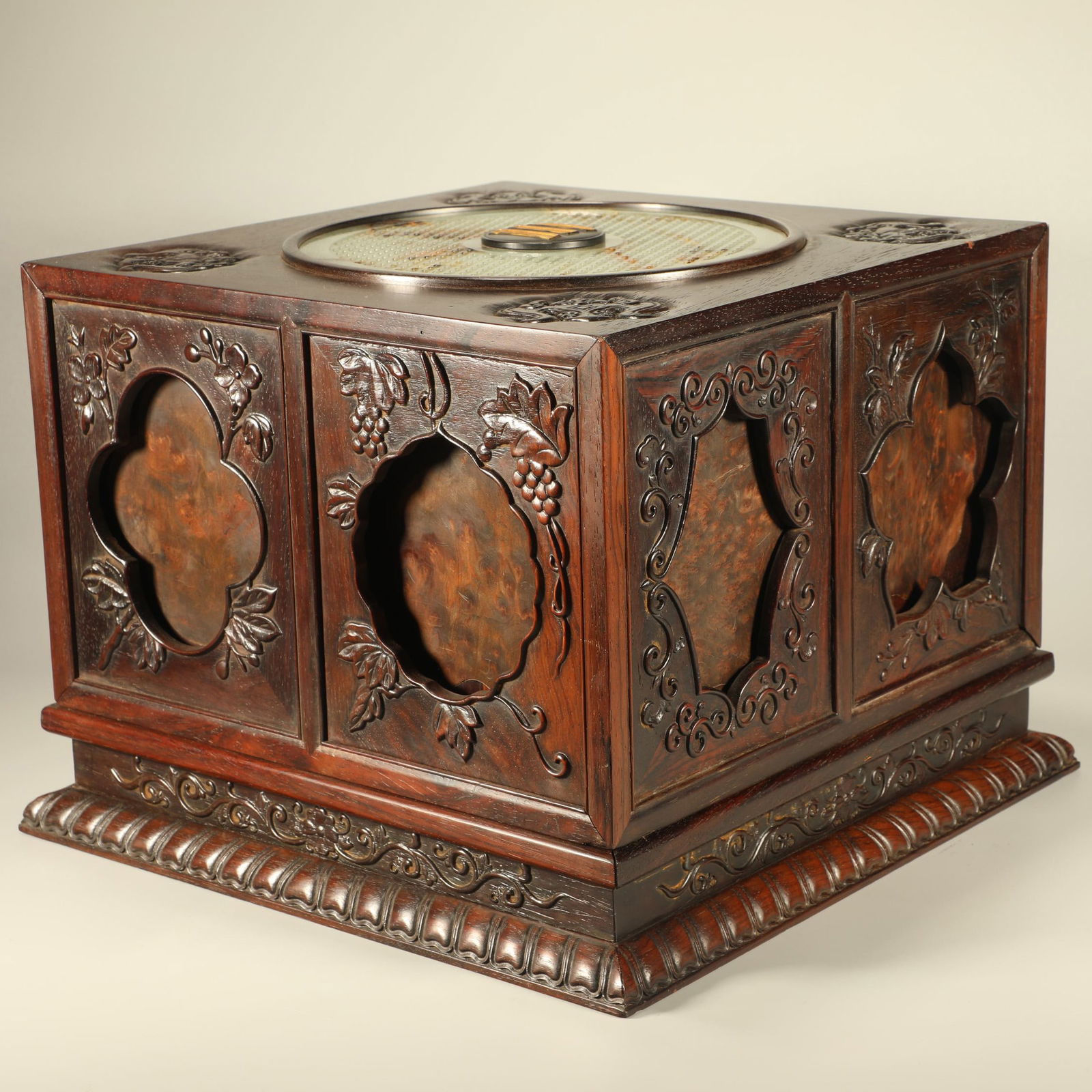 A HUANGHUALI WOOD MULTI-COMPARTMENT BOX INLAID WITH CHERRY WOOD AND JADE BI DISCS (1 of 6)