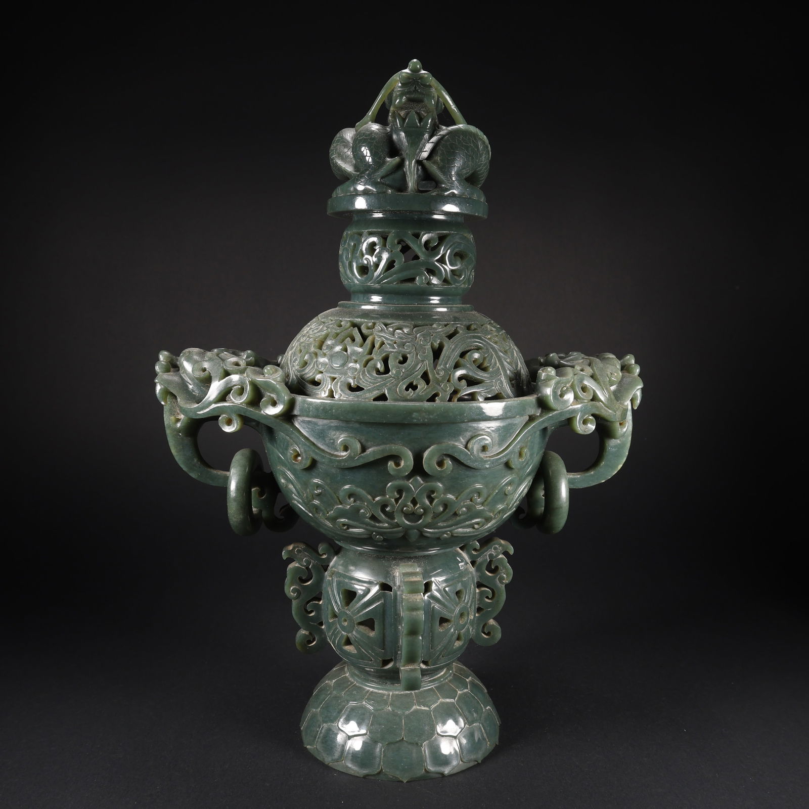 A HETIAN GREEN JADE OPENWORK DRAGON COVER WITH TWO-PIECE DRAGON AND PHOENIX INCENSE BURNER (1 of 9)