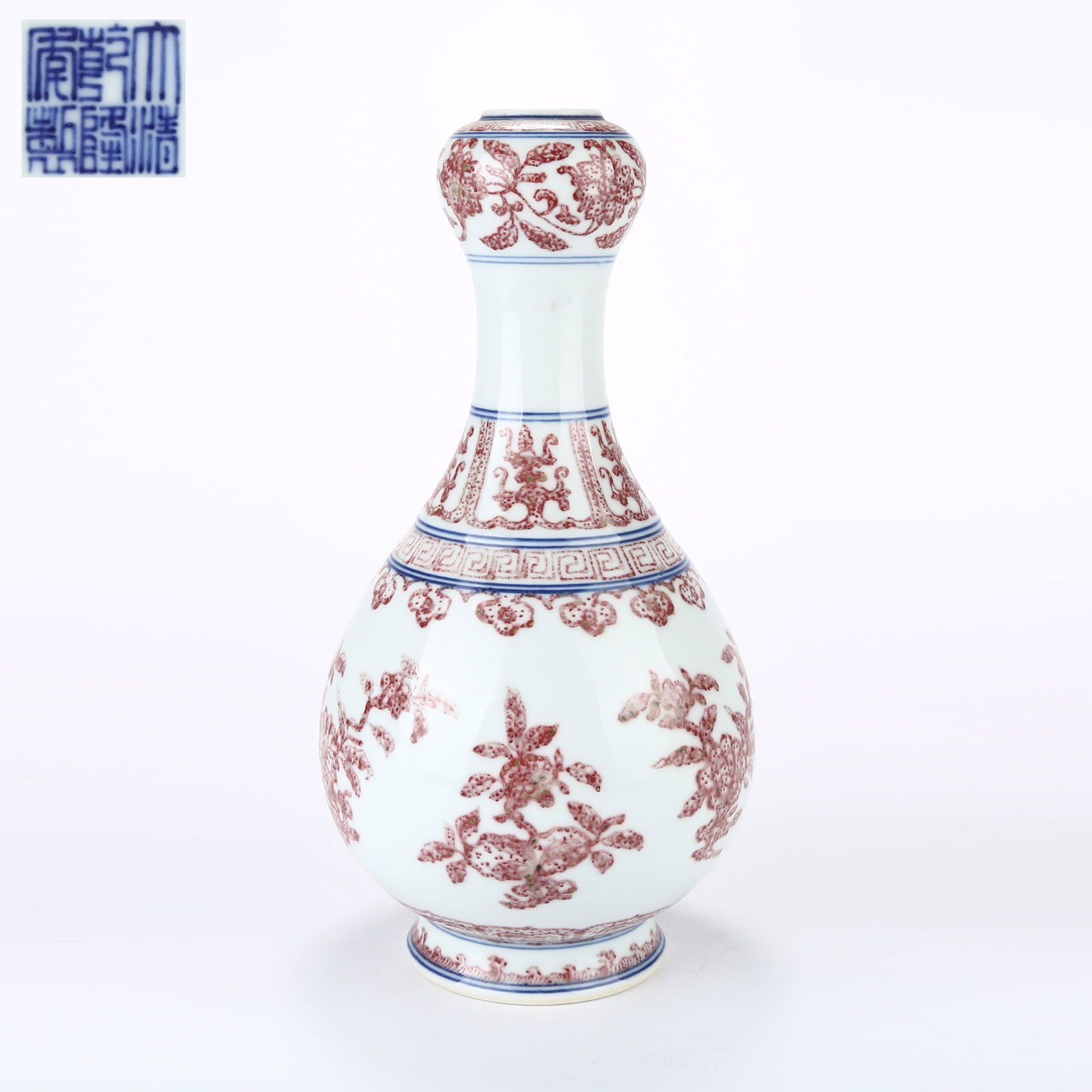 A BLUE AND WHITE WITH UNDERGLAZE RED GARLIC-HEAD VASE WITH FRUITING BRANCH DESIGN: Blue and White with Underglaze Red Garlic-Head Vase with Fruiting Branch Design