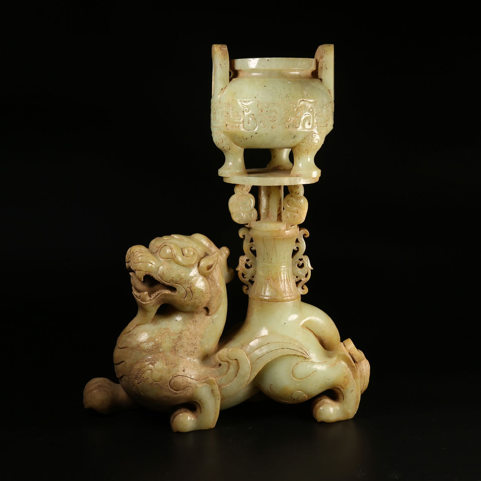 A ARCHAIC JADE AUSPICIOUS BEAST SUPPORTING CENSER ORNAMENT (1 of 10)